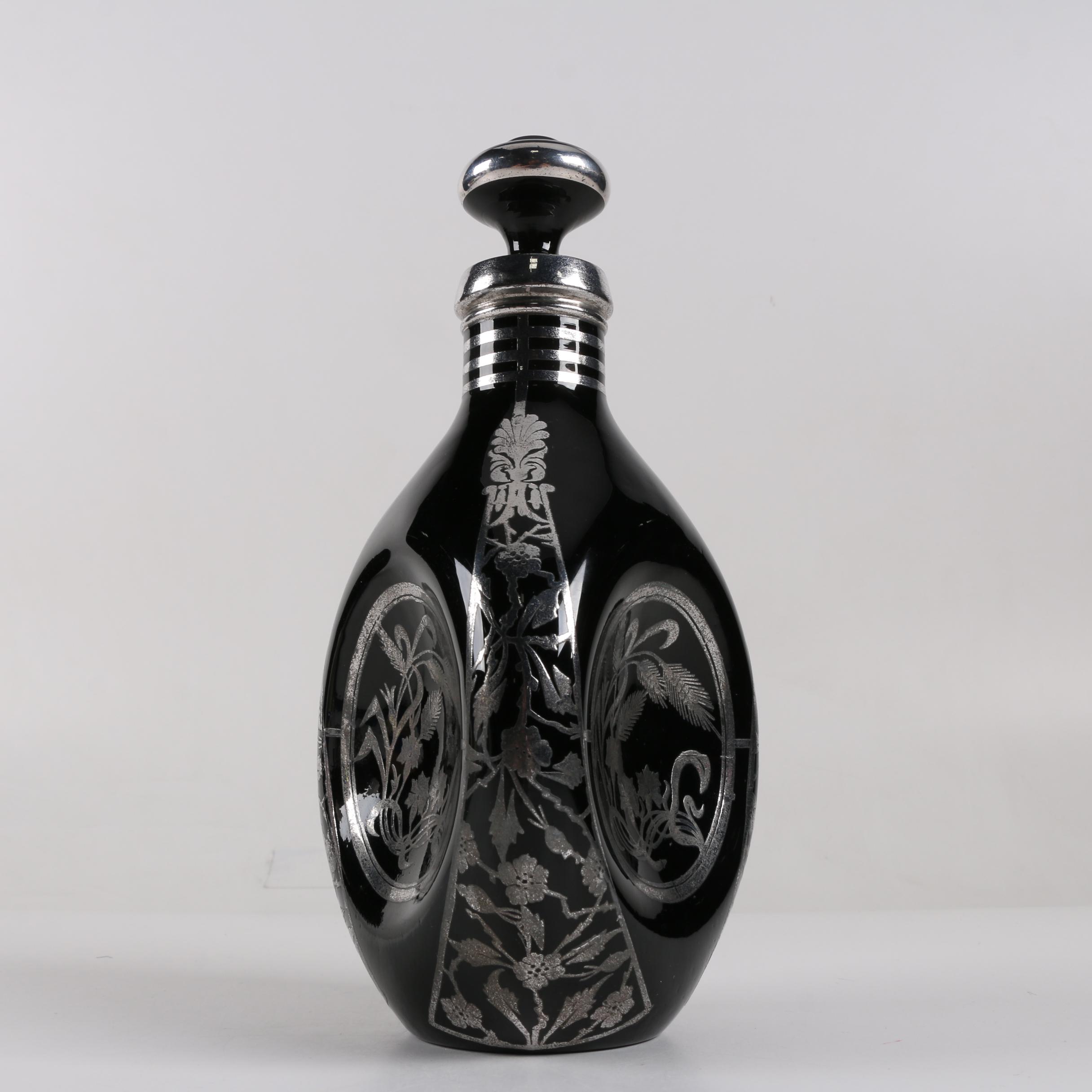 Black Glass Decanter with Silver Plate Overlay
