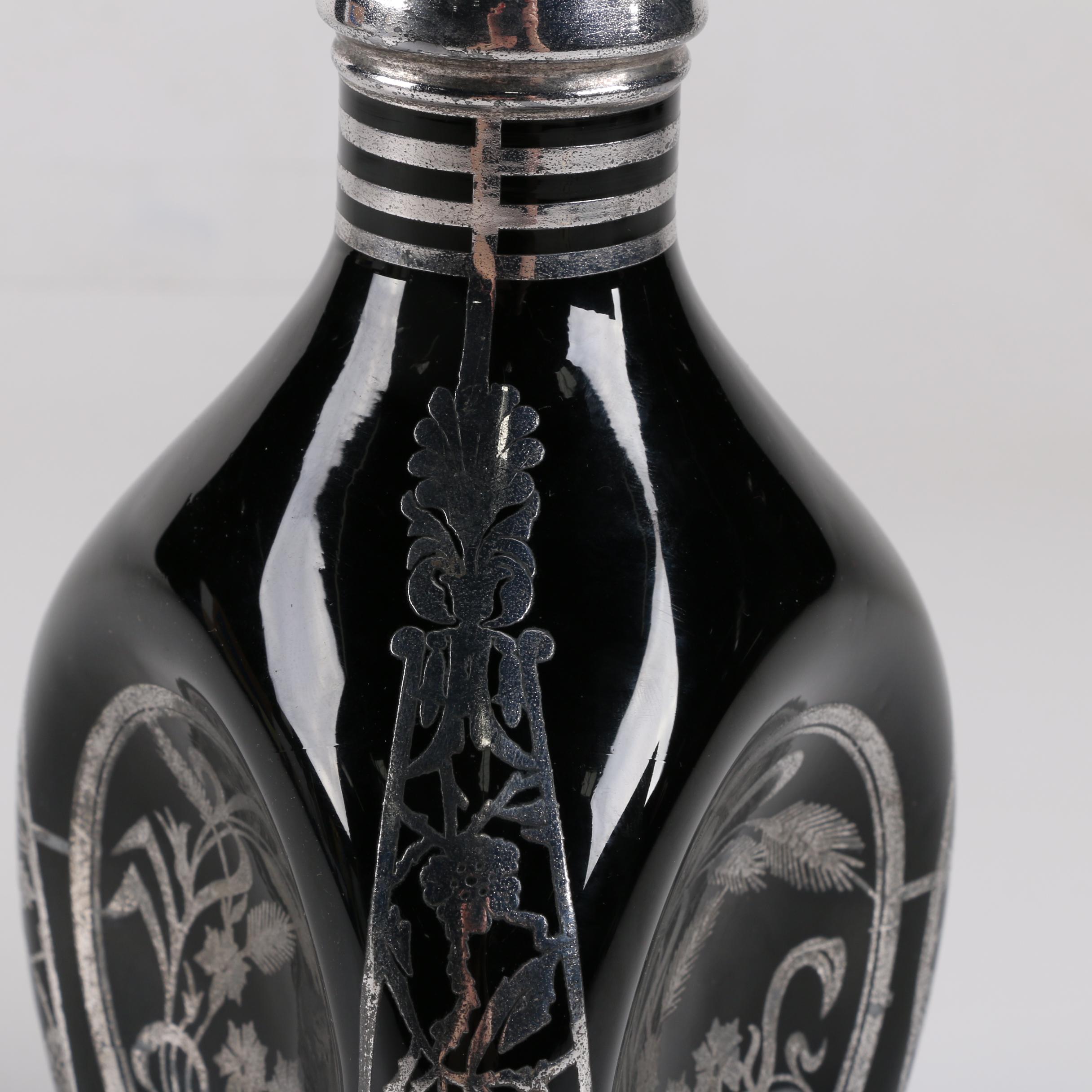 Black Glass Decanter with Silver Plate Overlay