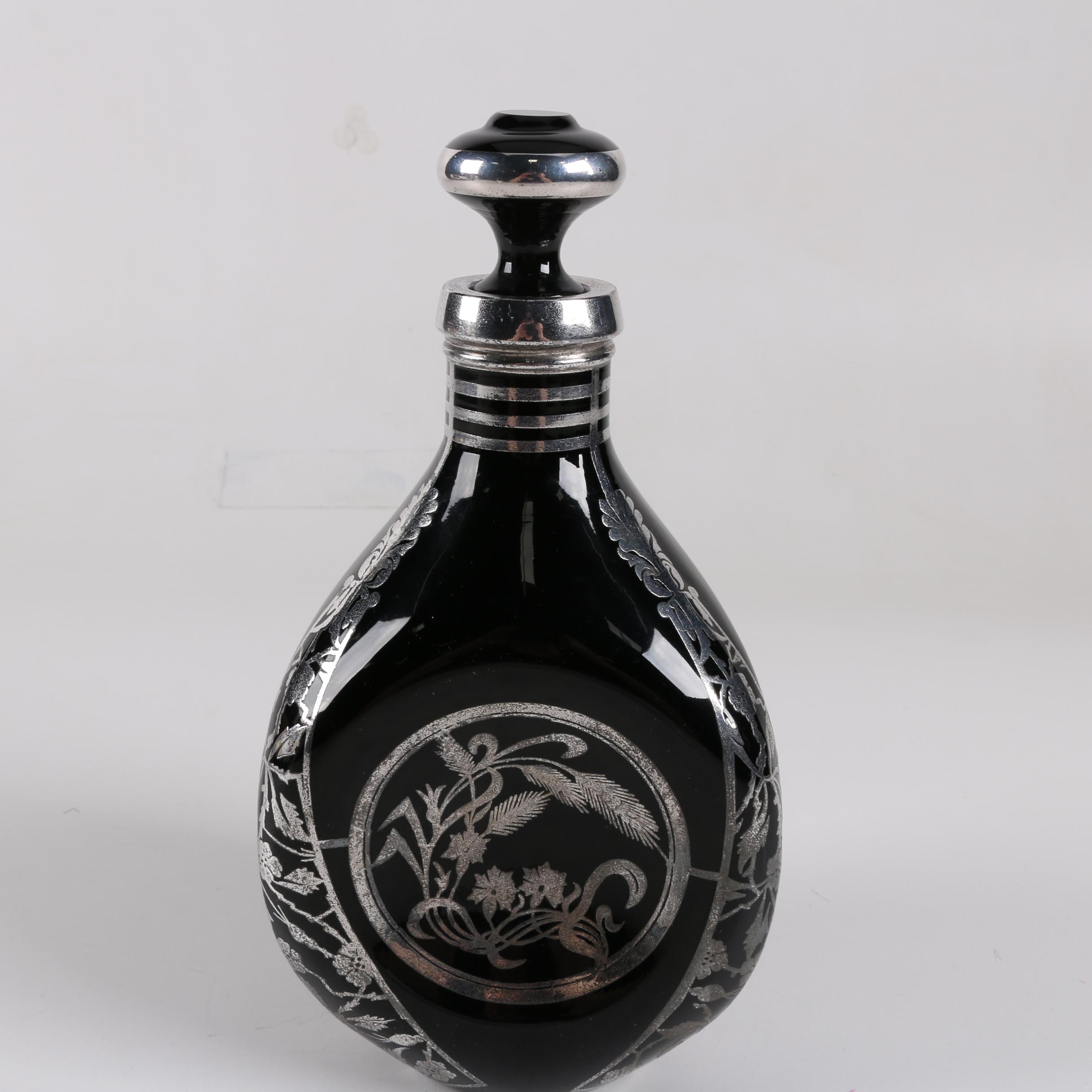 Black Glass Decanter with Silver Plate Overlay