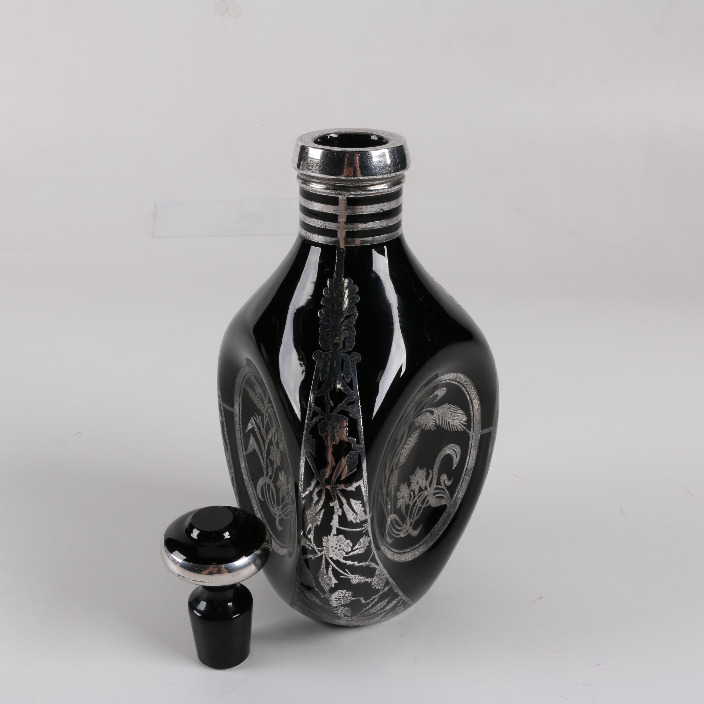 Black Glass Decanter with Silver Plate Overlay