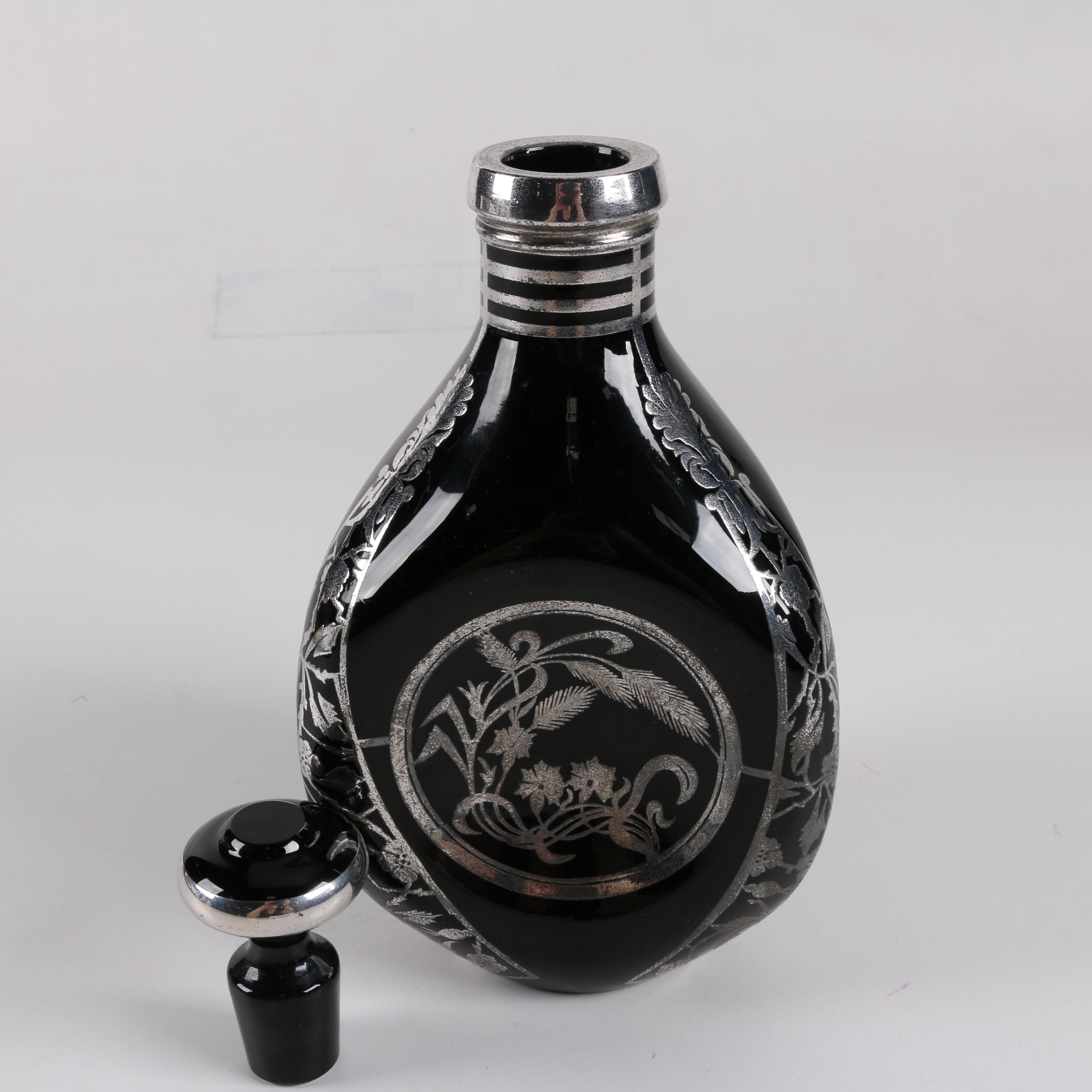 Black Glass Decanter with Silver Plate Overlay