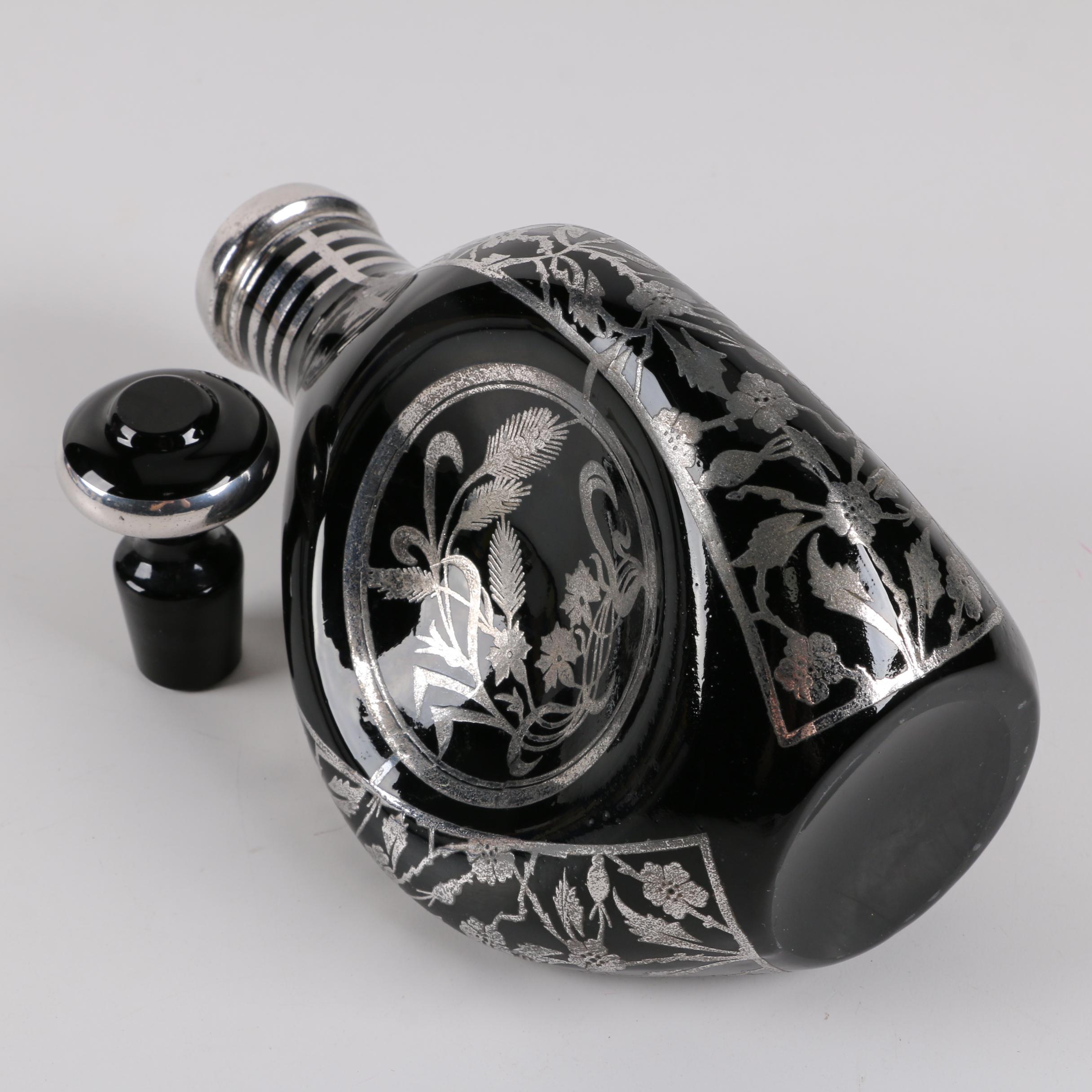 Black Glass Decanter with Silver Plate Overlay