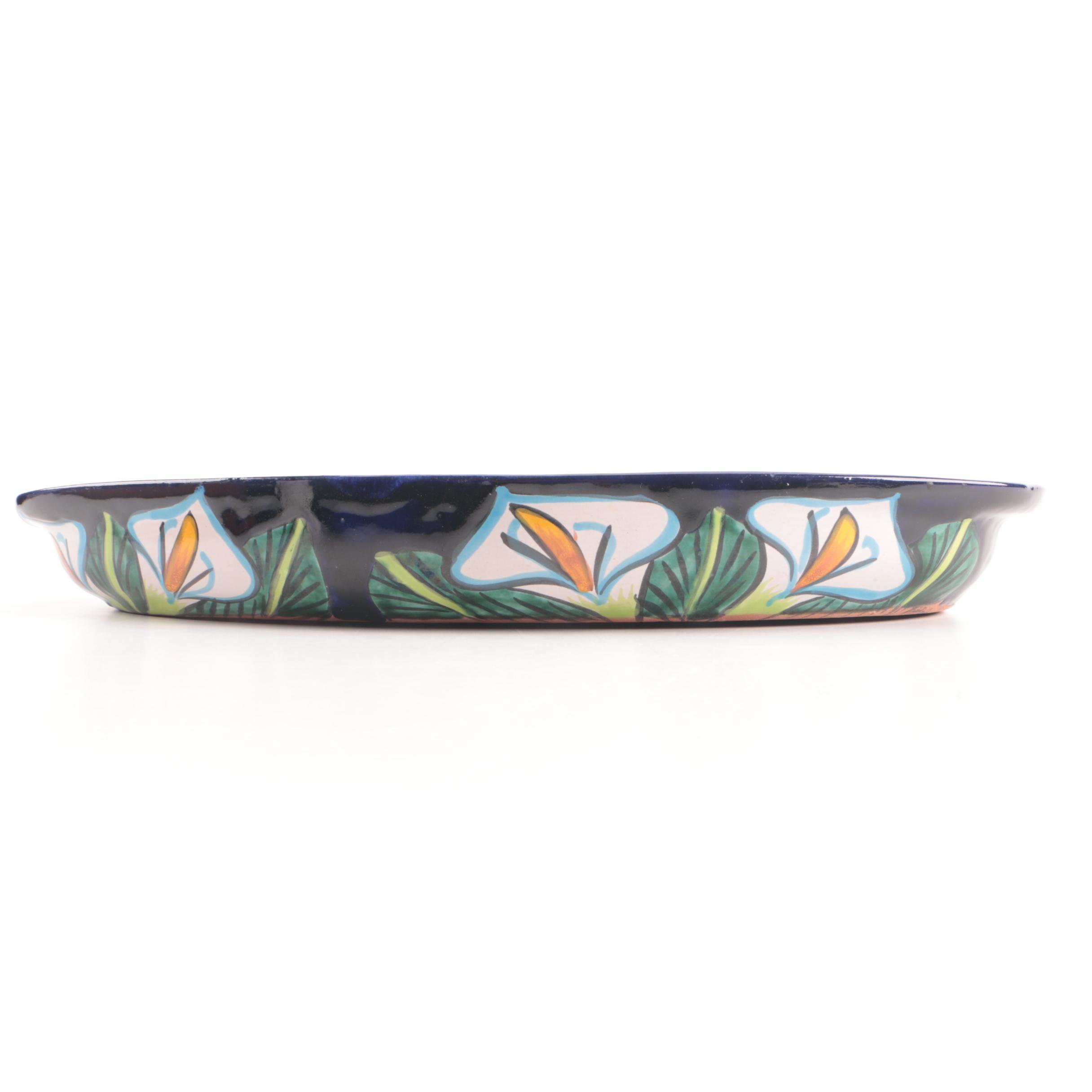 Hand-Painted Mexican Calla Lily Earthenware Serving Bowl