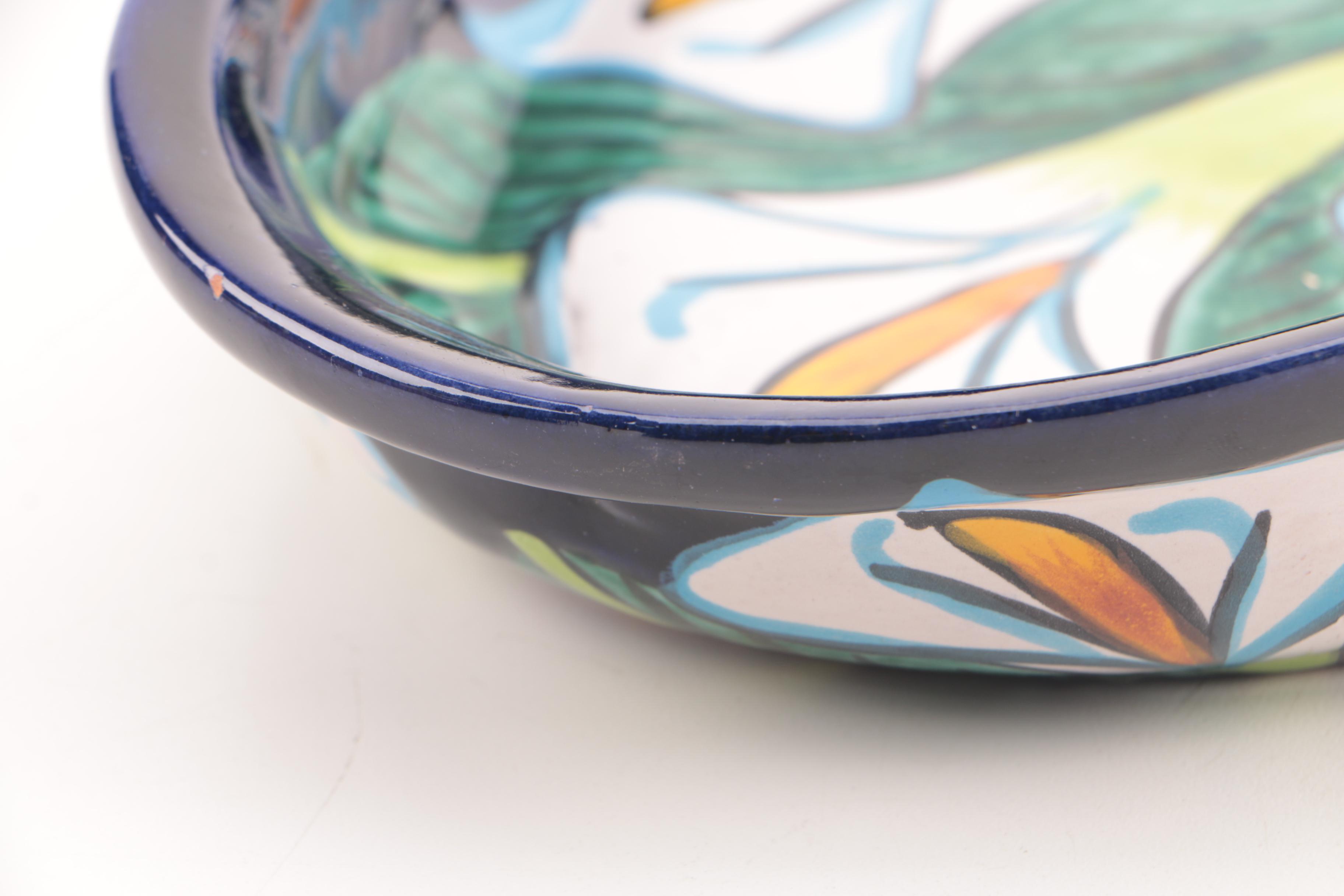 Hand-Painted Mexican Calla Lily Earthenware Serving Bowl
