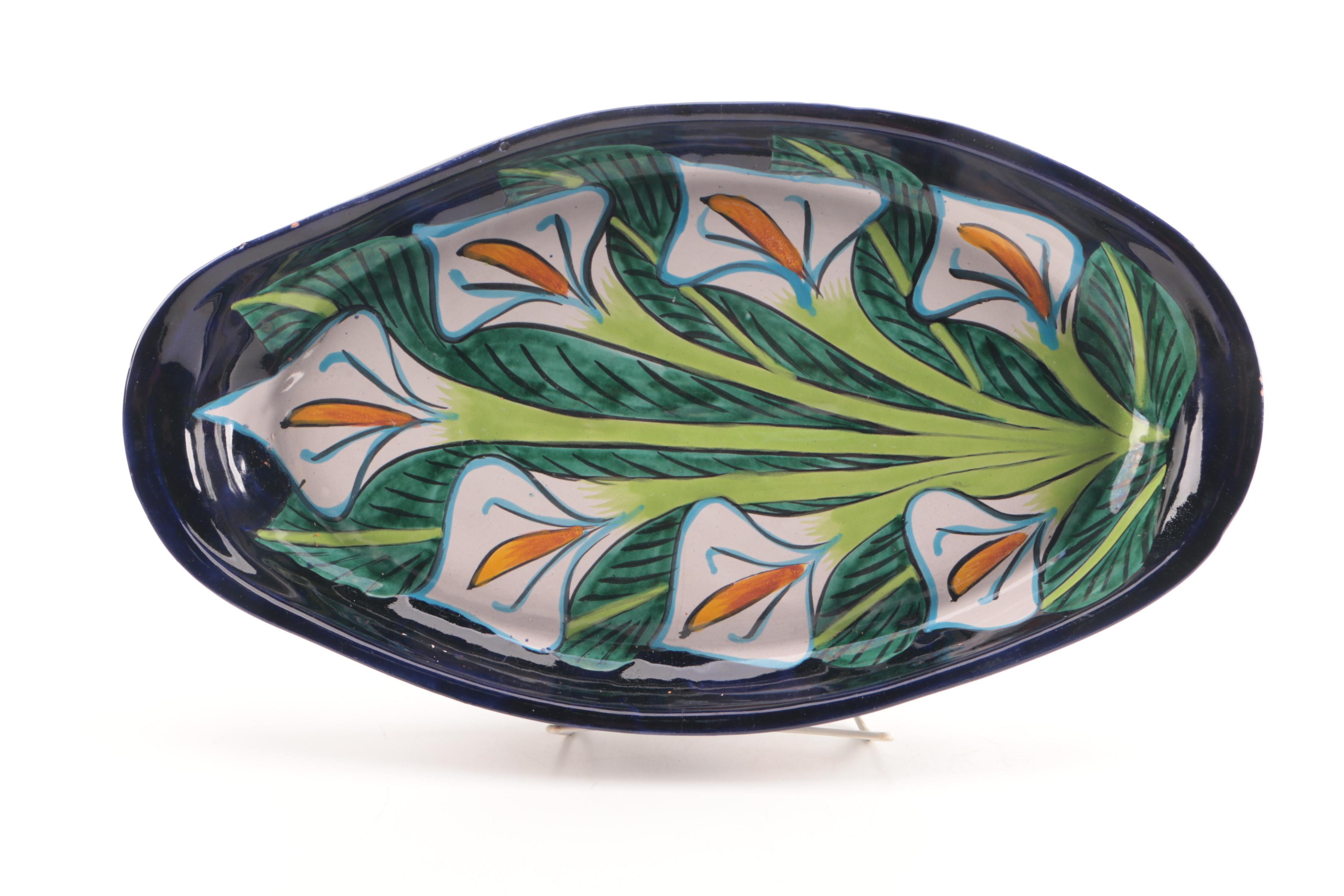 Hand-Painted Mexican Calla Lily Earthenware Serving Bowl