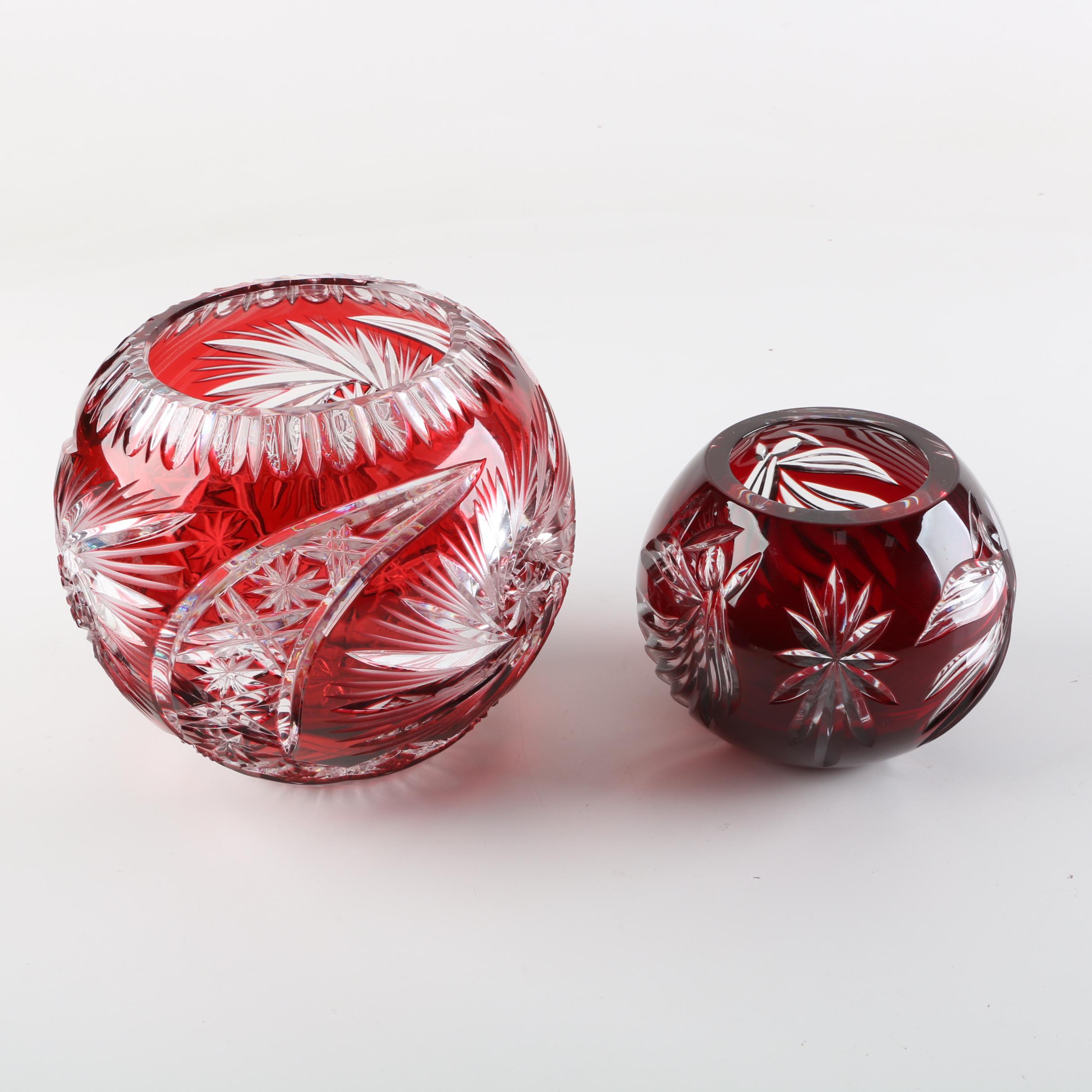 Cased Ruby Cut to Clear Rose Bowls Including Schonborner Crystal