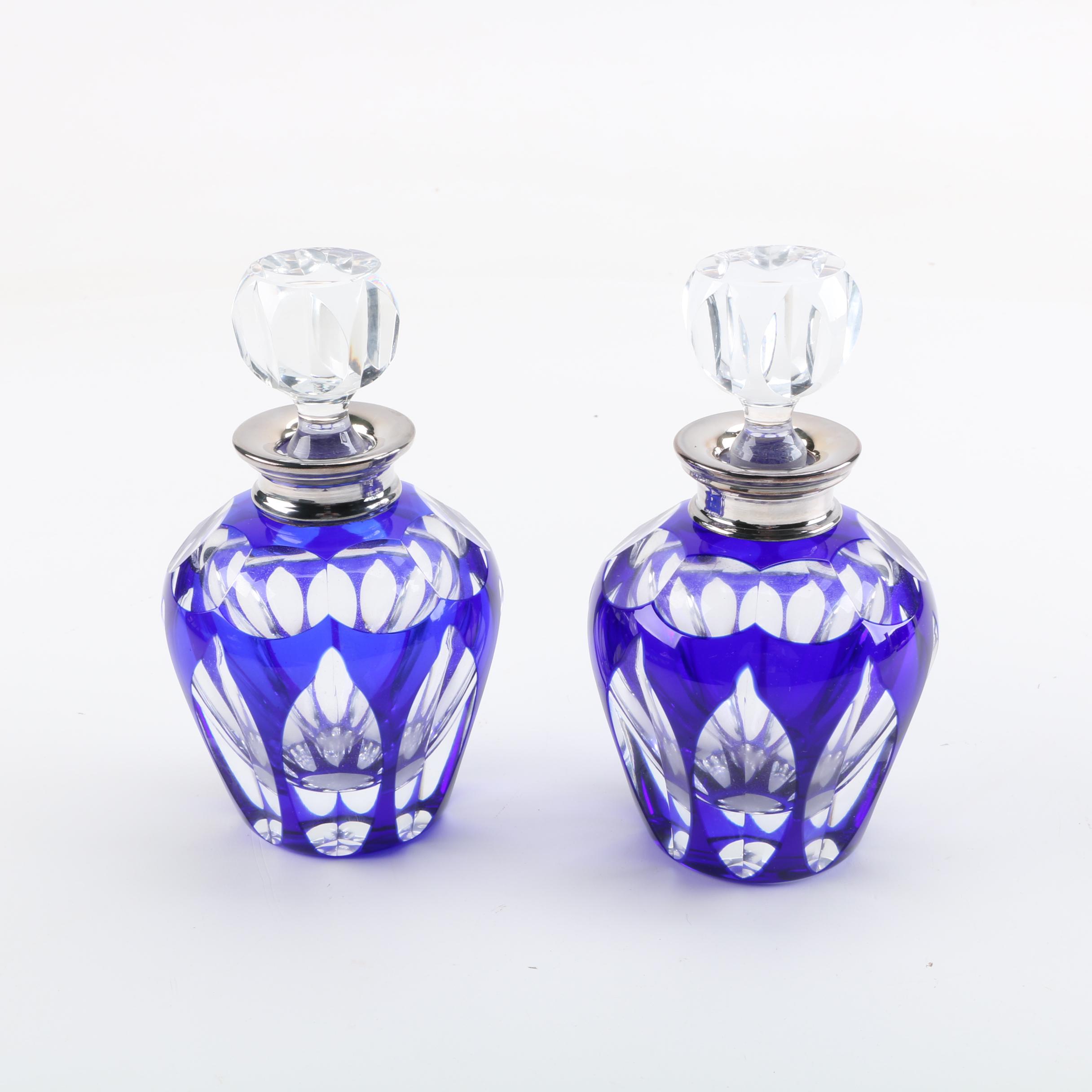 Cased Cobalt Cut to Clear Crystal Vanity Bottles