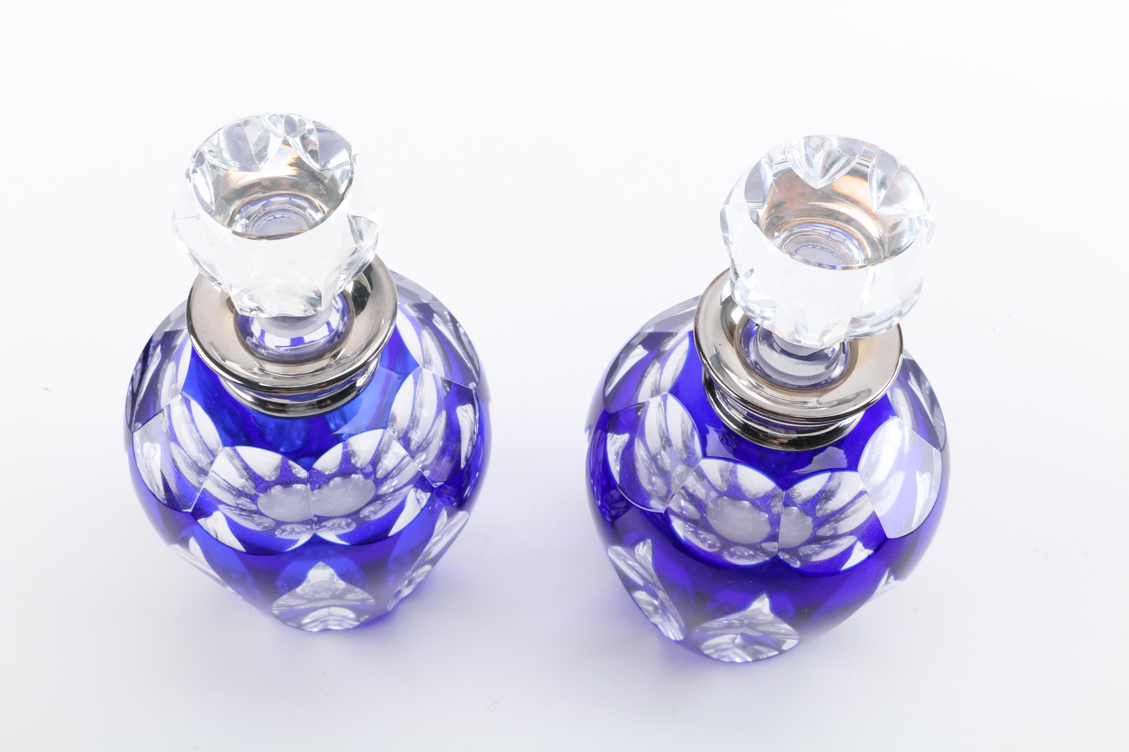 Cased Cobalt Cut to Clear Crystal Vanity Bottles