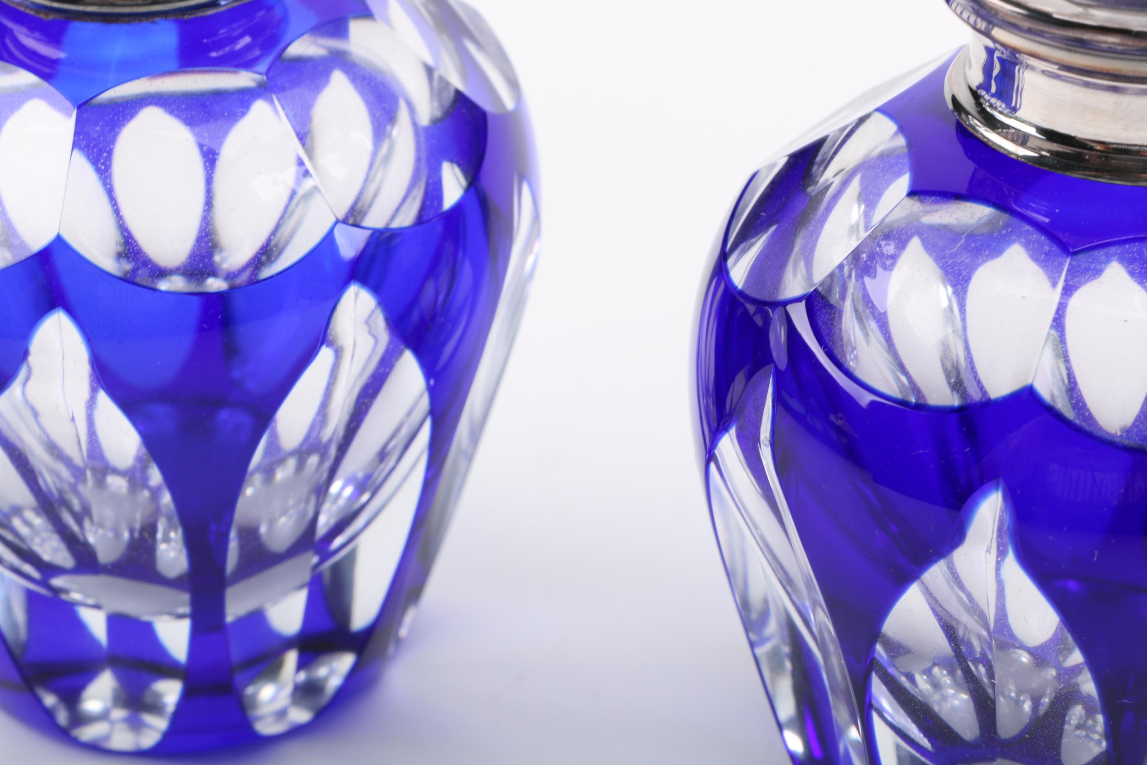 Cased Cobalt Cut to Clear Crystal Vanity Bottles