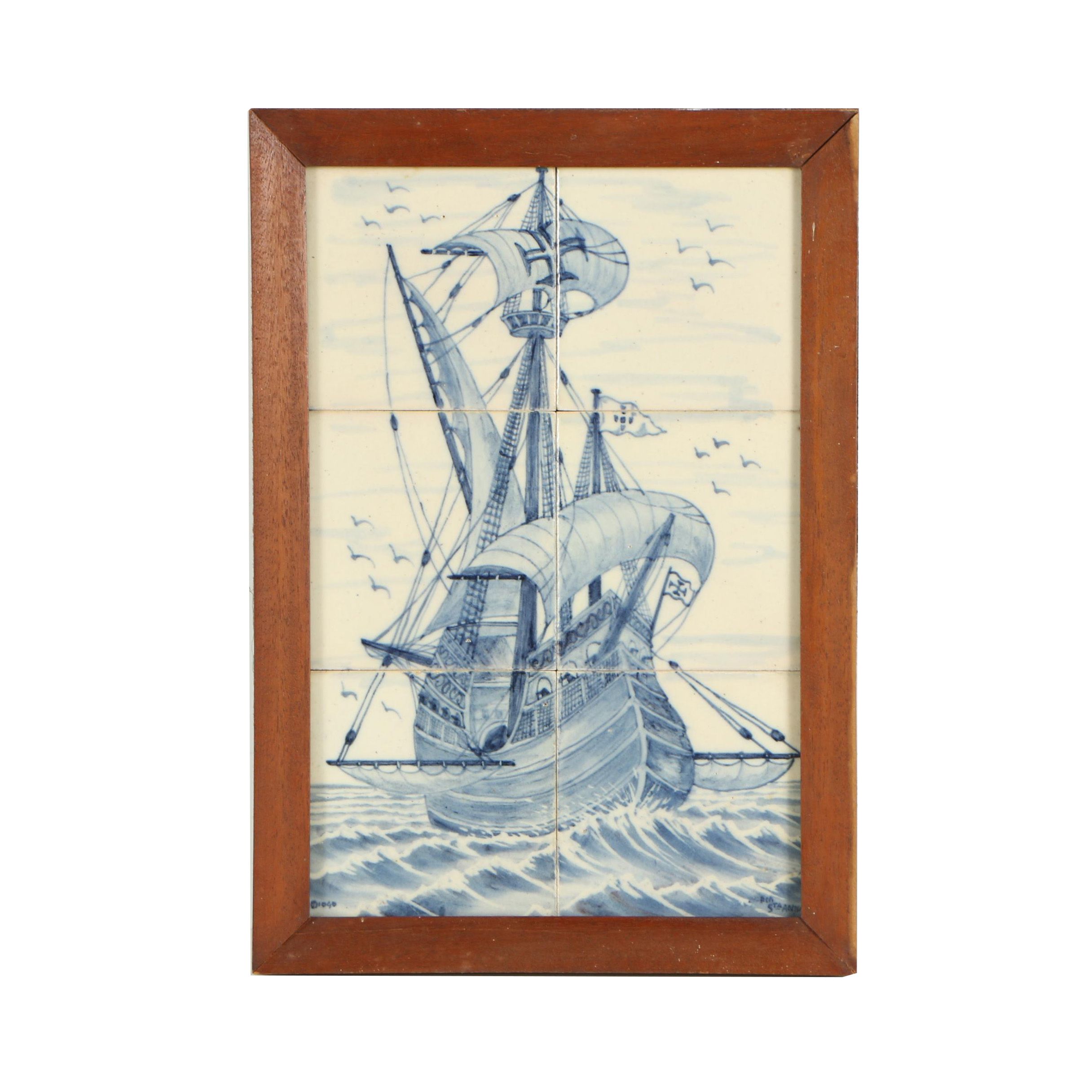 Hand-Painted Blue and White Delft Tiles Featuring Portuguese Sailing Ship