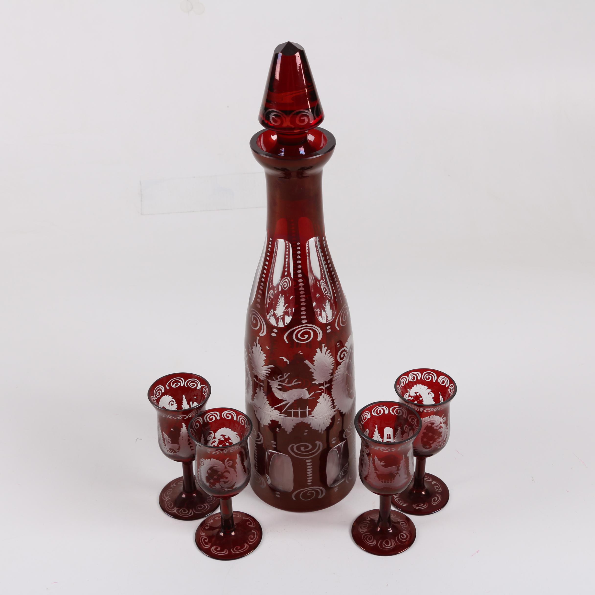 Bohemian Ruby Flashed Etched to Clear Decanter and Cordial Glasses
