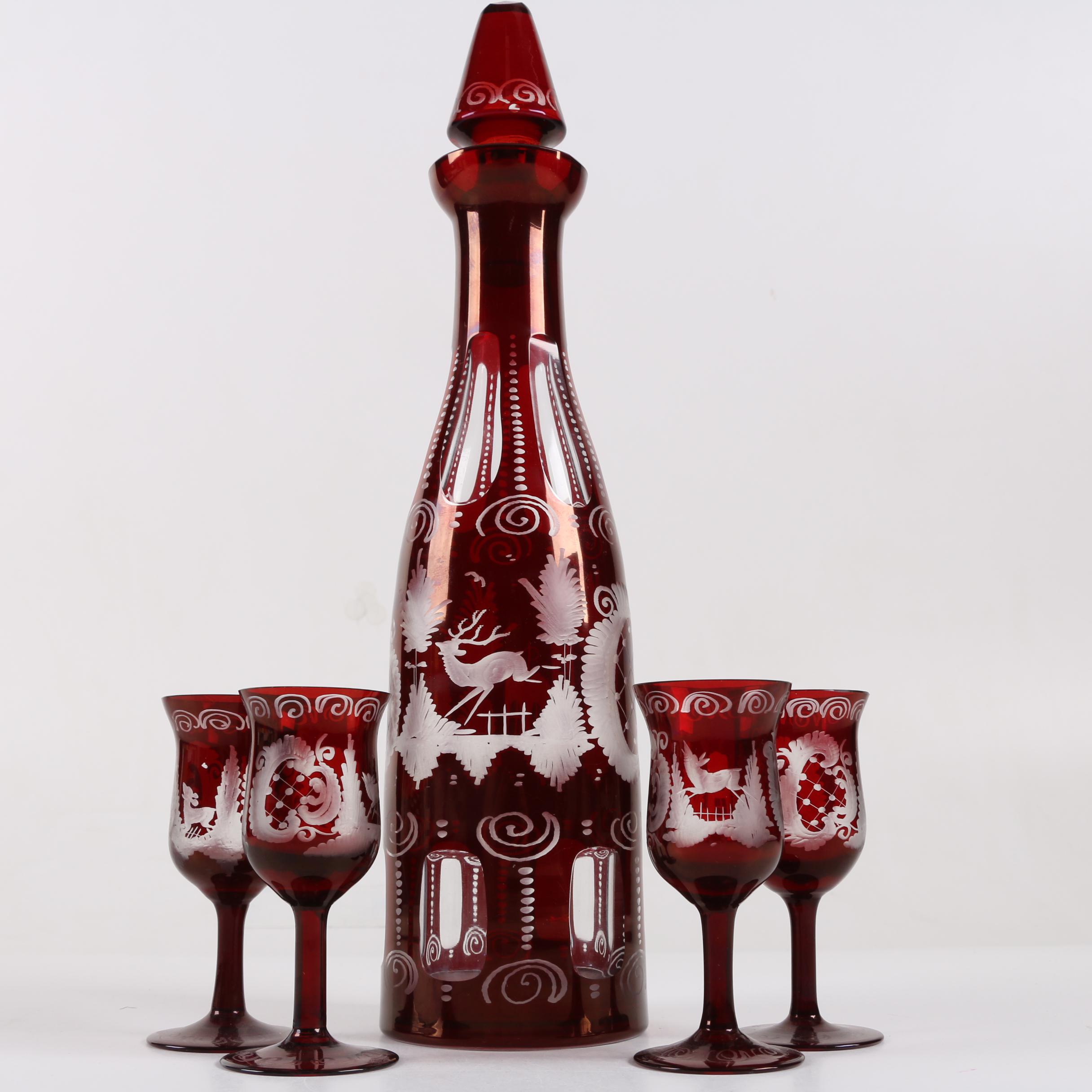Bohemian Ruby Flashed Etched to Clear Decanter and Cordial Glasses