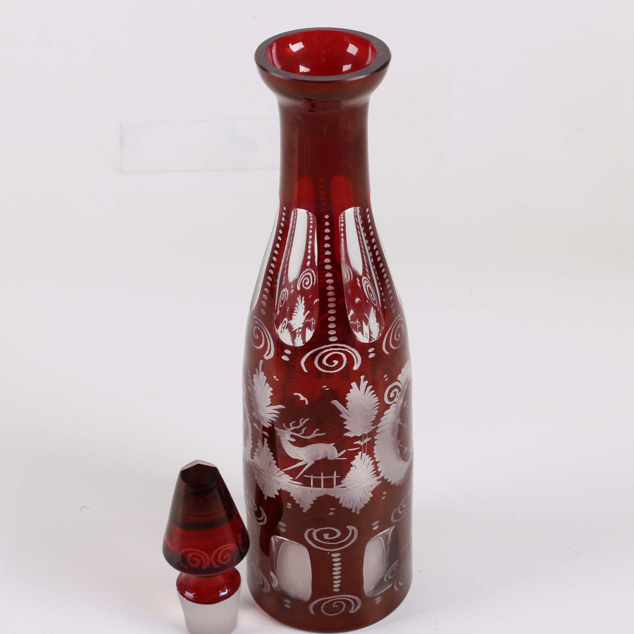 Bohemian Ruby Flashed Etched to Clear Decanter and Cordial Glasses