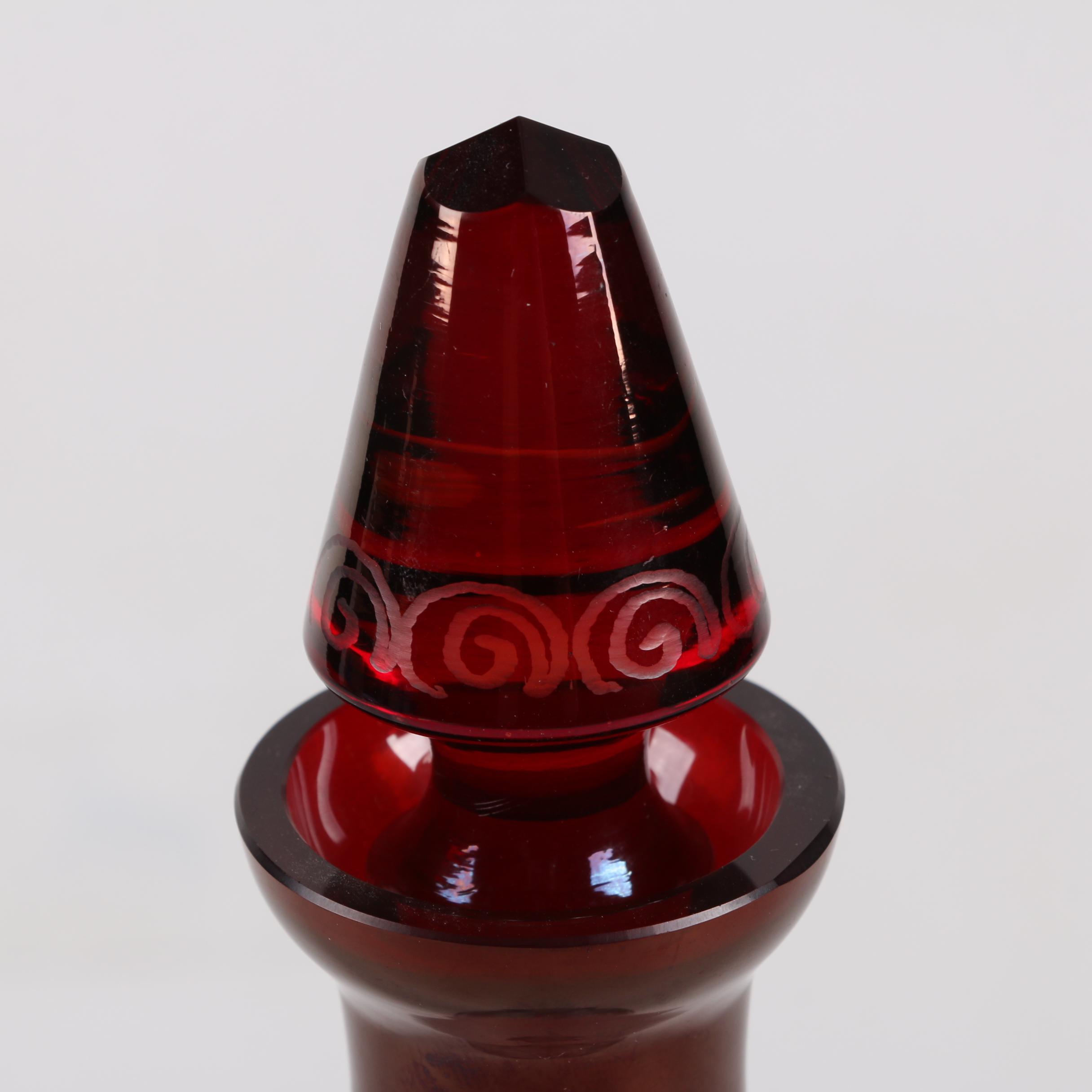 Bohemian Ruby Flashed Etched to Clear Decanter and Cordial Glasses