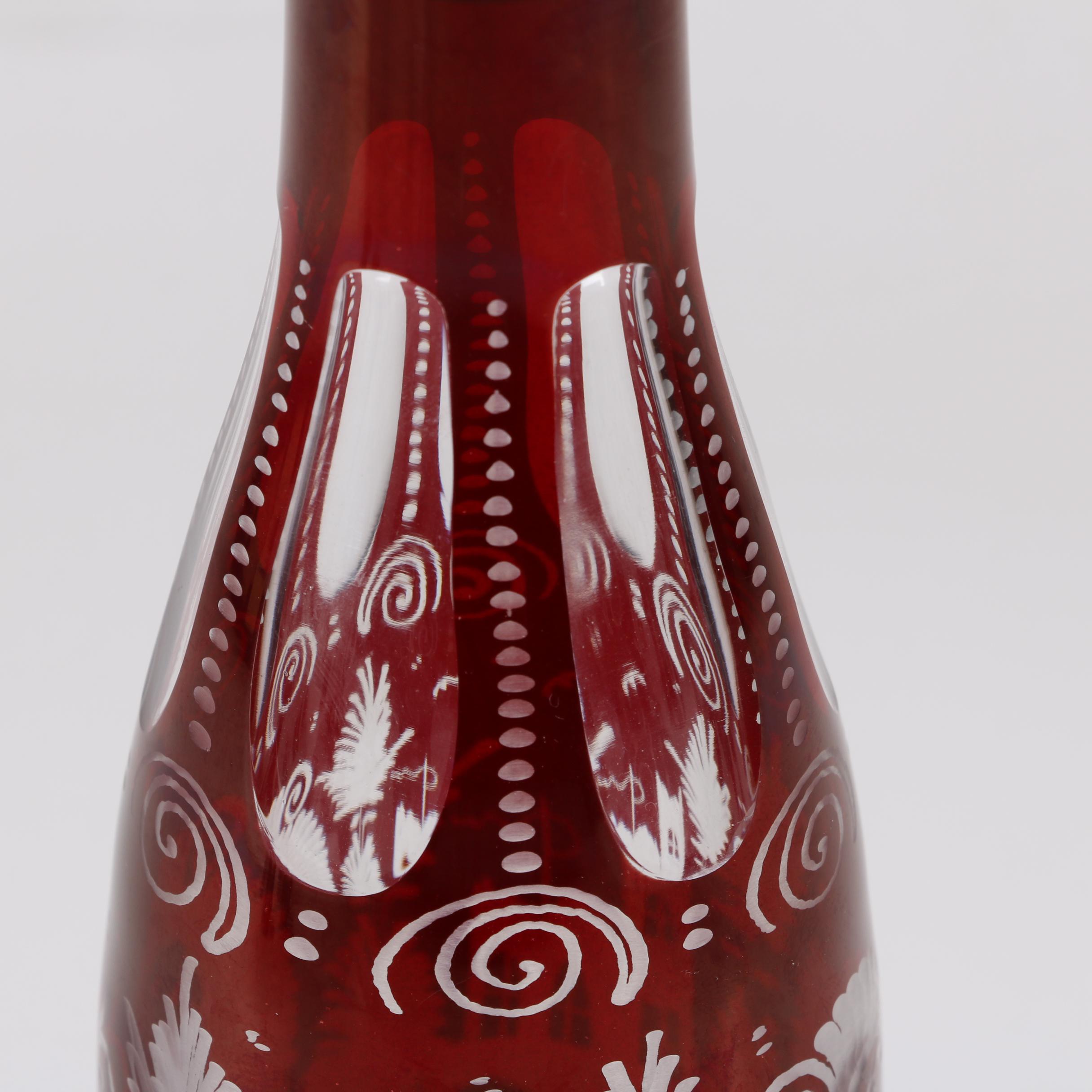 Bohemian Ruby Flashed Etched to Clear Decanter and Cordial Glasses