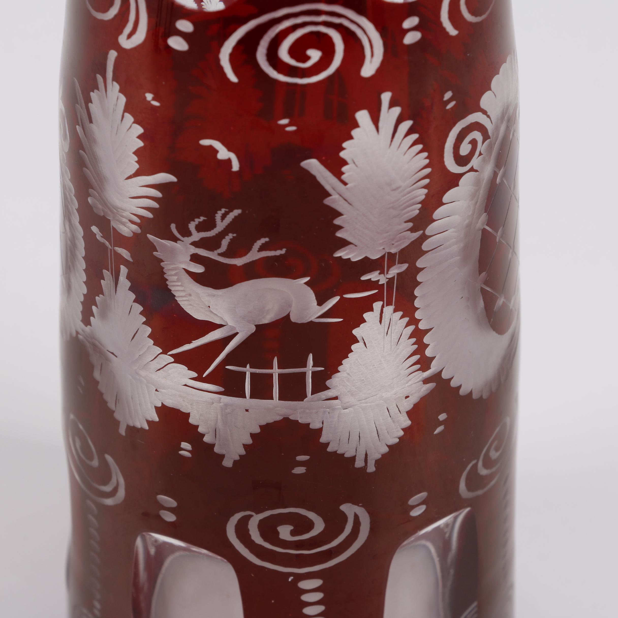 Bohemian Ruby Flashed Etched to Clear Decanter and Cordial Glasses