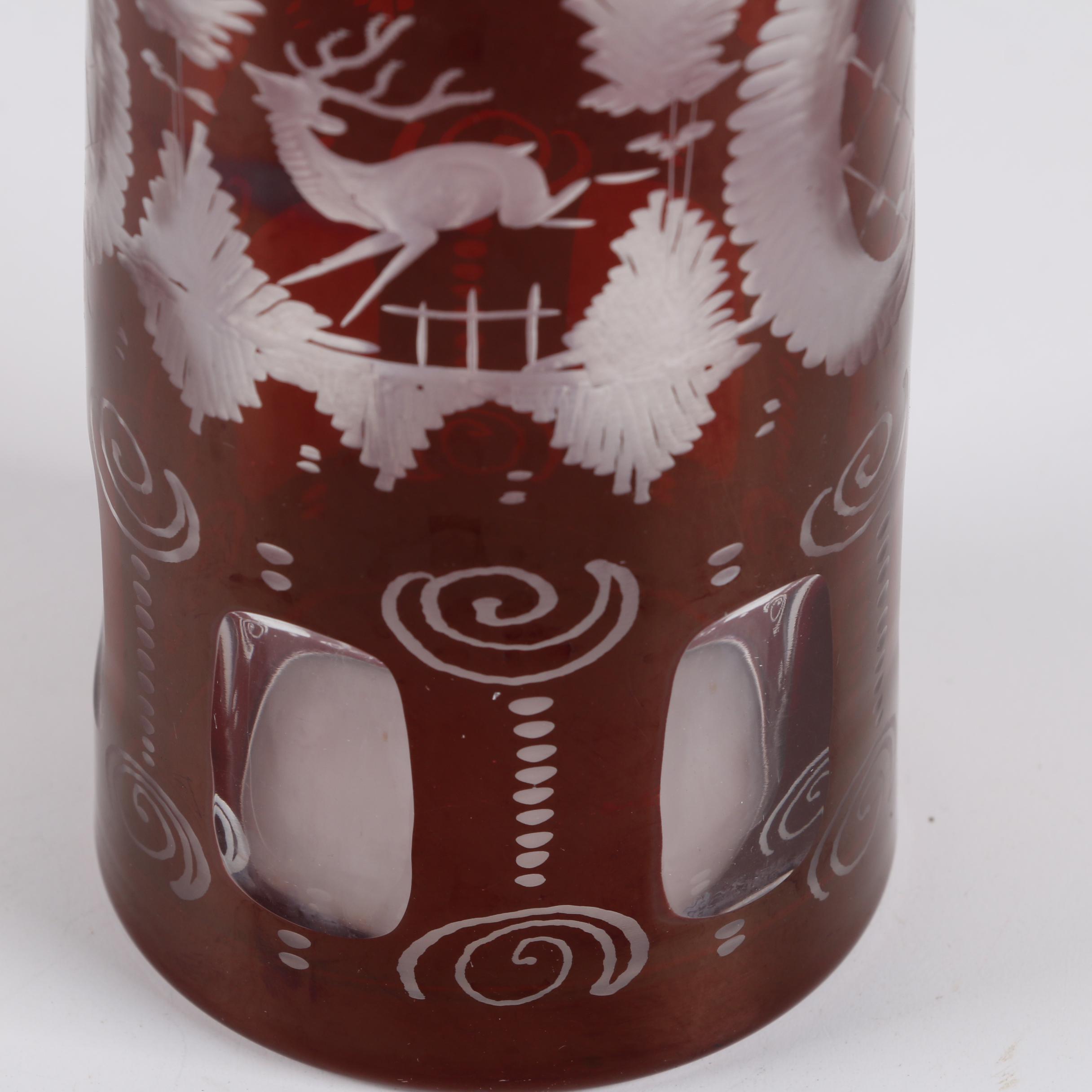 Bohemian Ruby Flashed Etched to Clear Decanter and Cordial Glasses