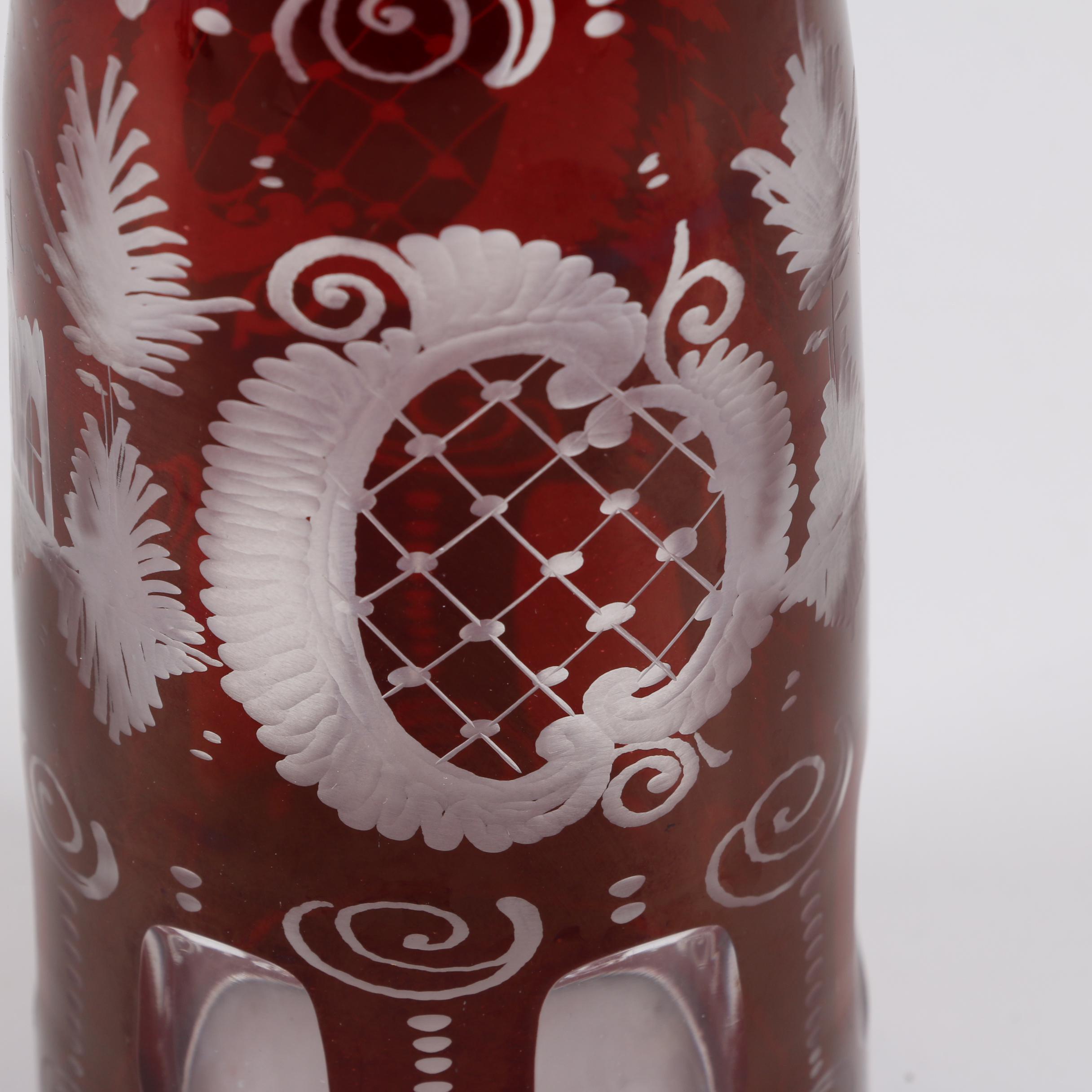 Bohemian Ruby Flashed Etched to Clear Decanter and Cordial Glasses