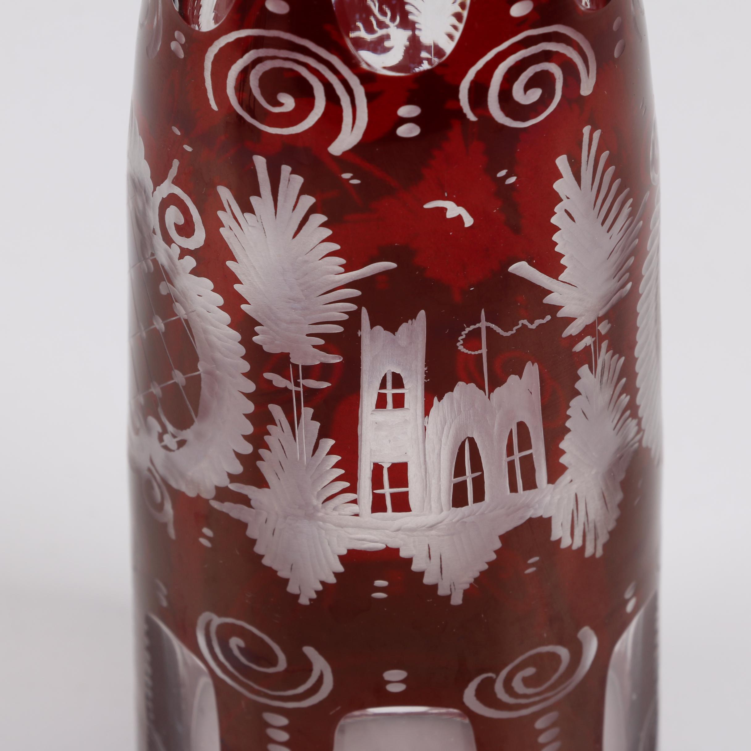 Bohemian Ruby Flashed Etched to Clear Decanter and Cordial Glasses