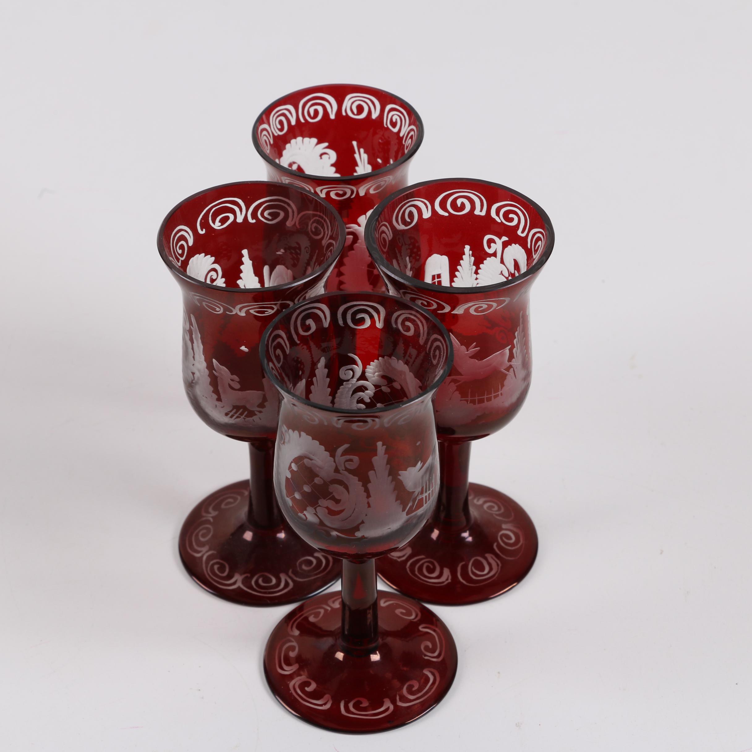 Bohemian Ruby Flashed Etched to Clear Decanter and Cordial Glasses