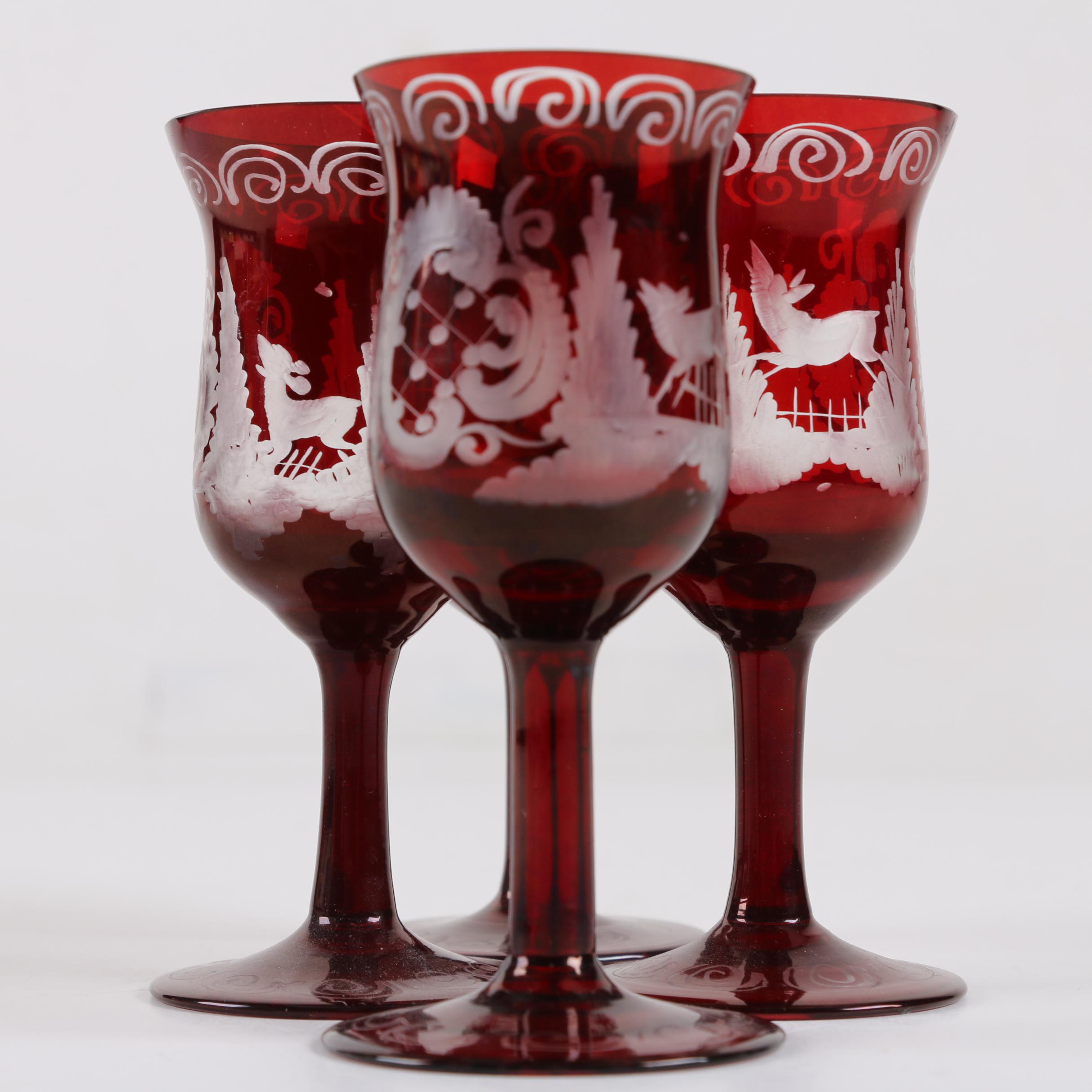 Bohemian Ruby Flashed Etched to Clear Decanter and Cordial Glasses