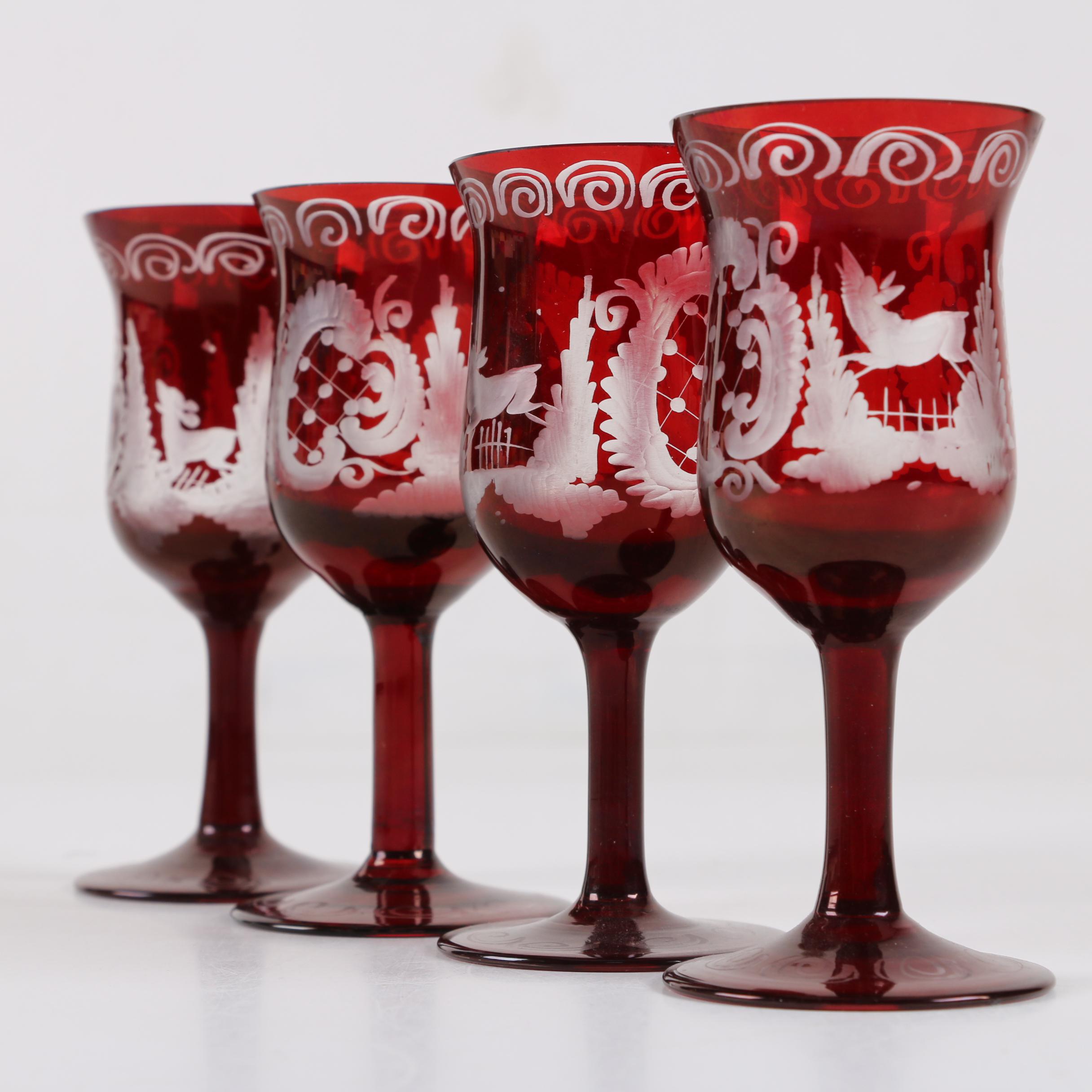 Bohemian Ruby Flashed Etched to Clear Decanter and Cordial Glasses