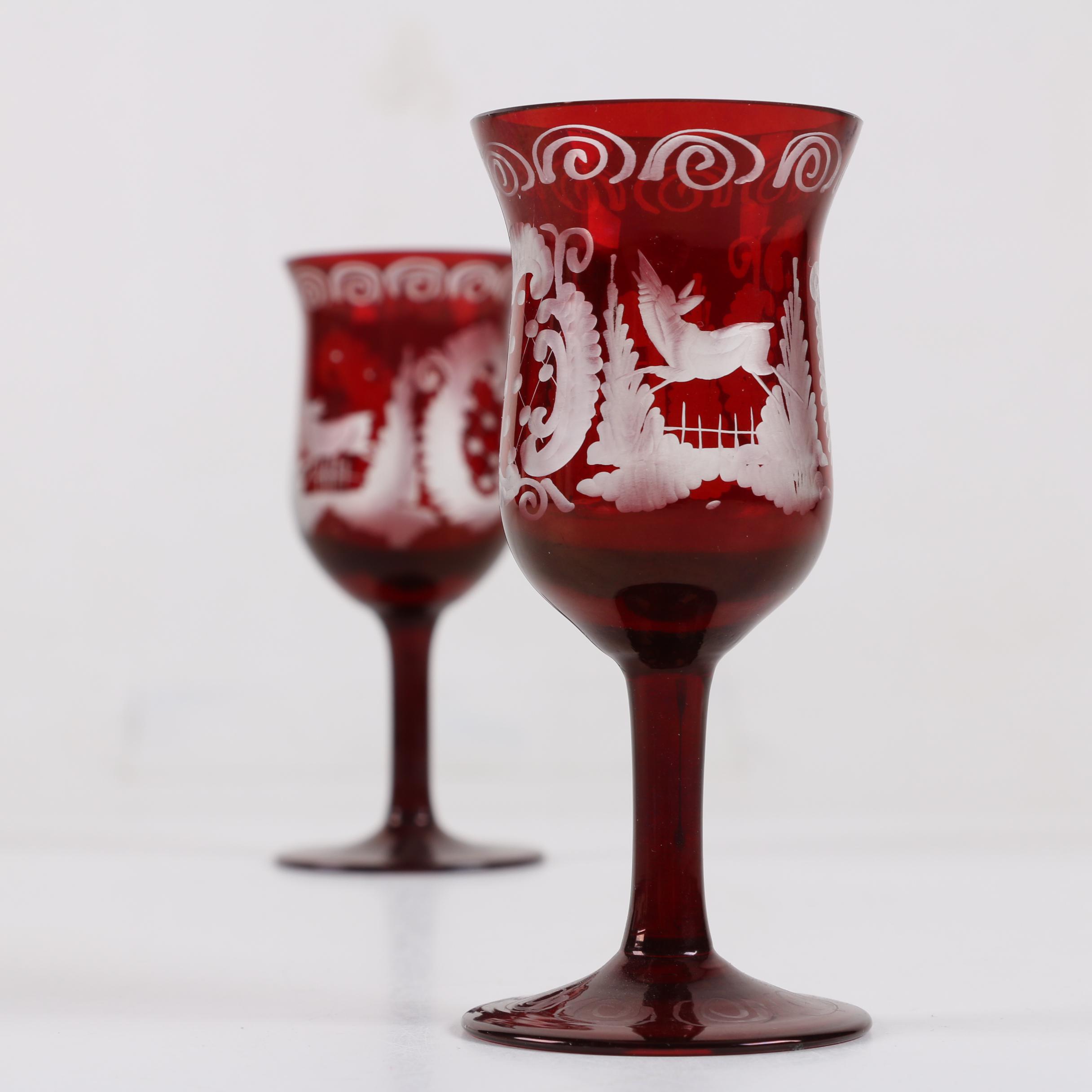 Bohemian Ruby Flashed Etched to Clear Decanter and Cordial Glasses