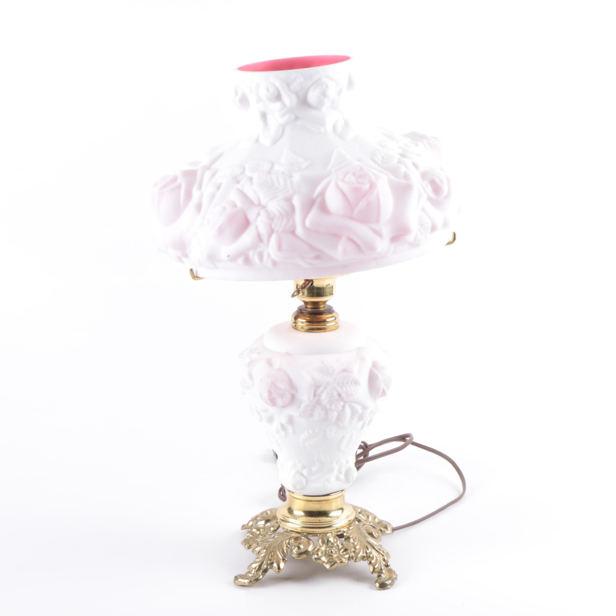 Vintage Embossed Rose Themed Satin Glass Parlor Lamp by T.F.B.