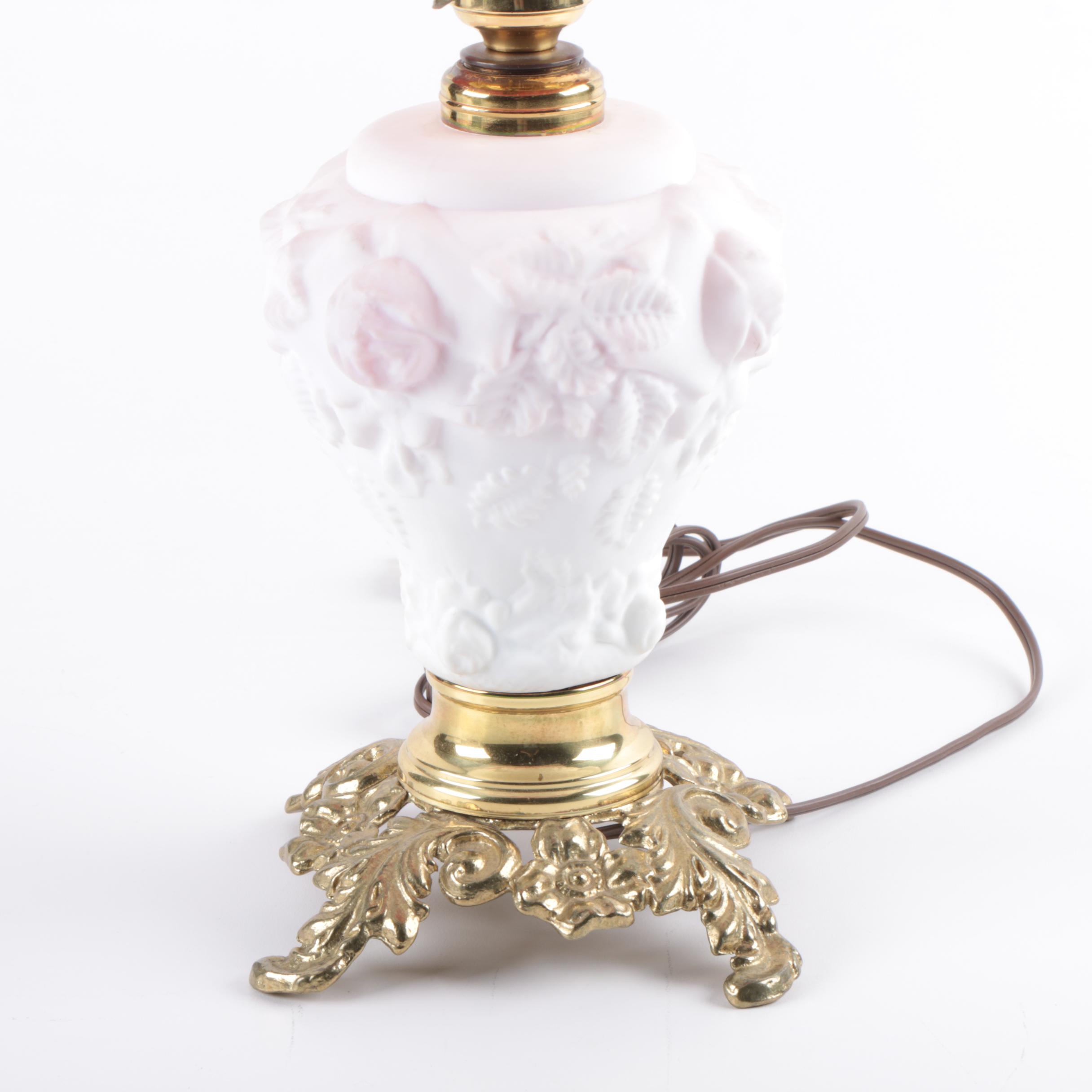 Vintage Embossed Rose Themed Satin Glass Parlor Lamp by T.F.B.