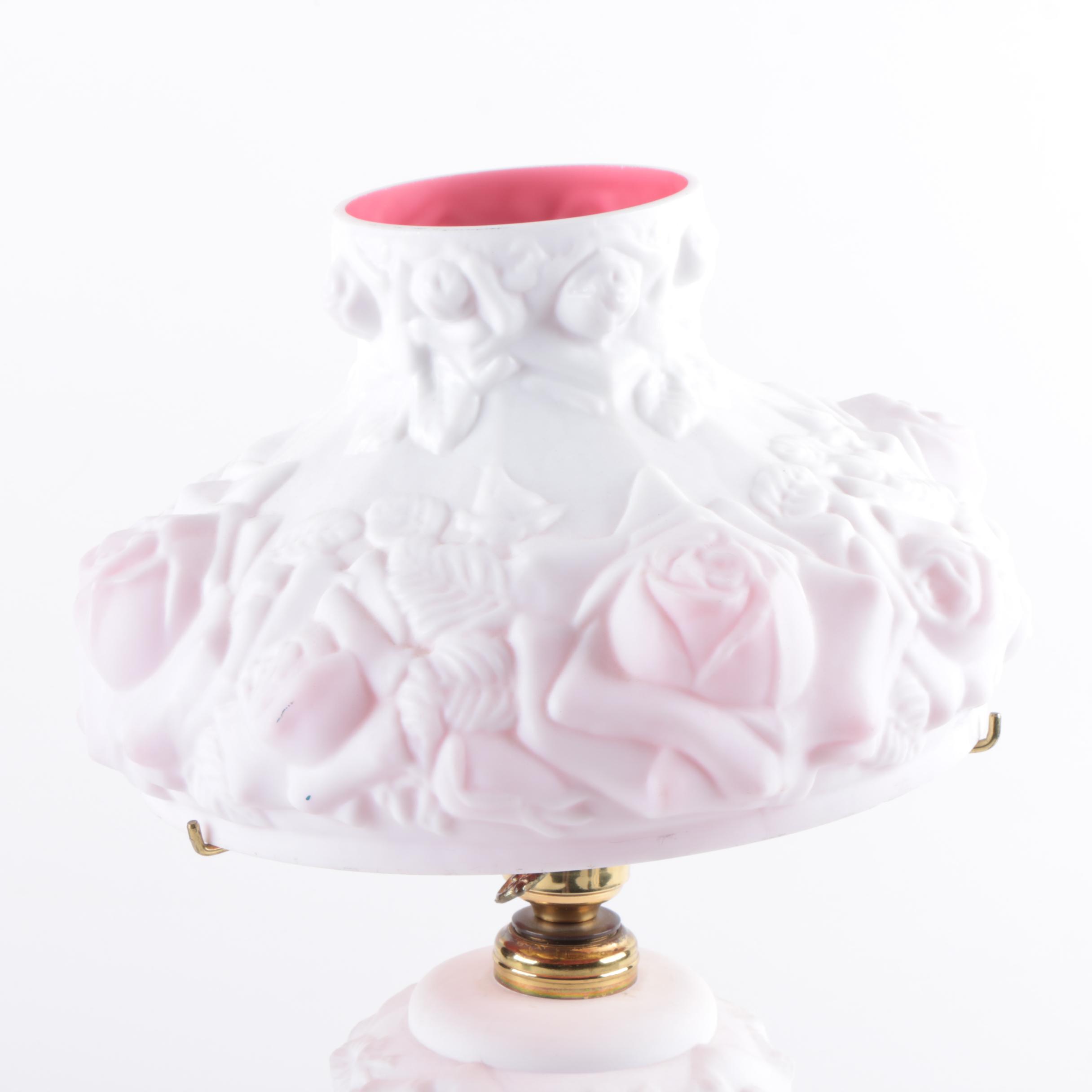 Vintage Embossed Rose Themed Satin Glass Parlor Lamp by T.F.B.