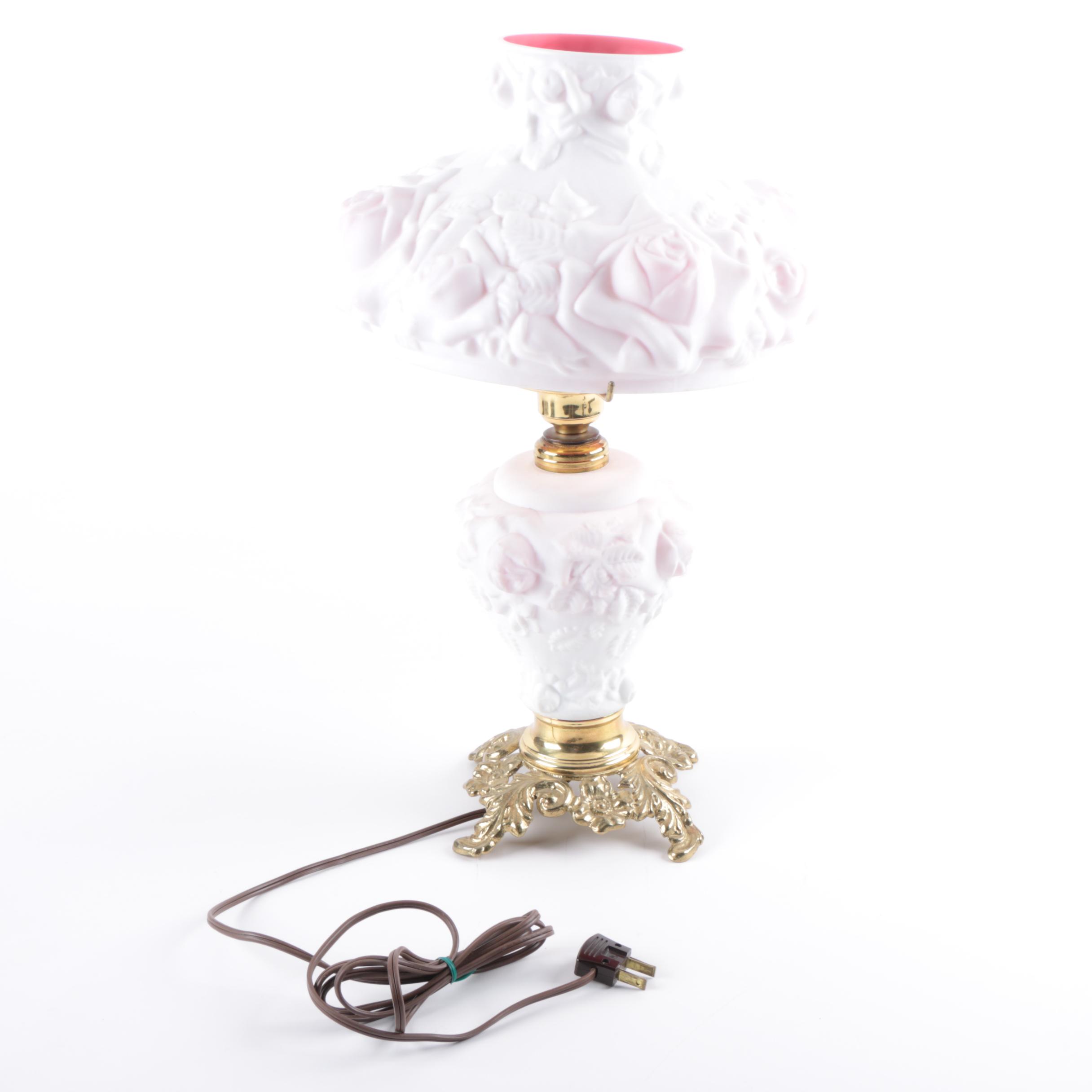 Vintage Embossed Rose Themed Satin Glass Parlor Lamp by T.F.B.