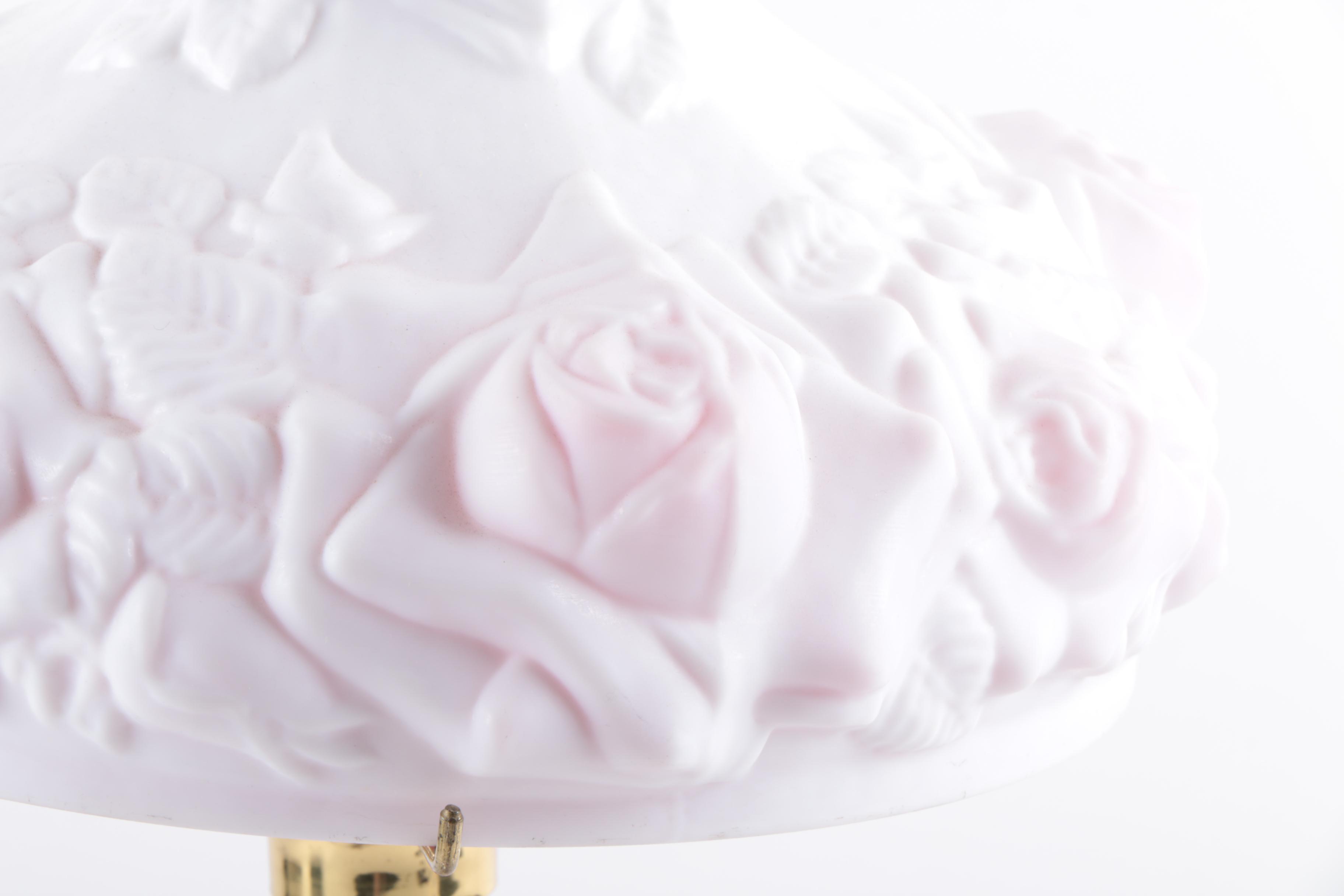 Vintage Embossed Rose Themed Satin Glass Parlor Lamp by T.F.B.