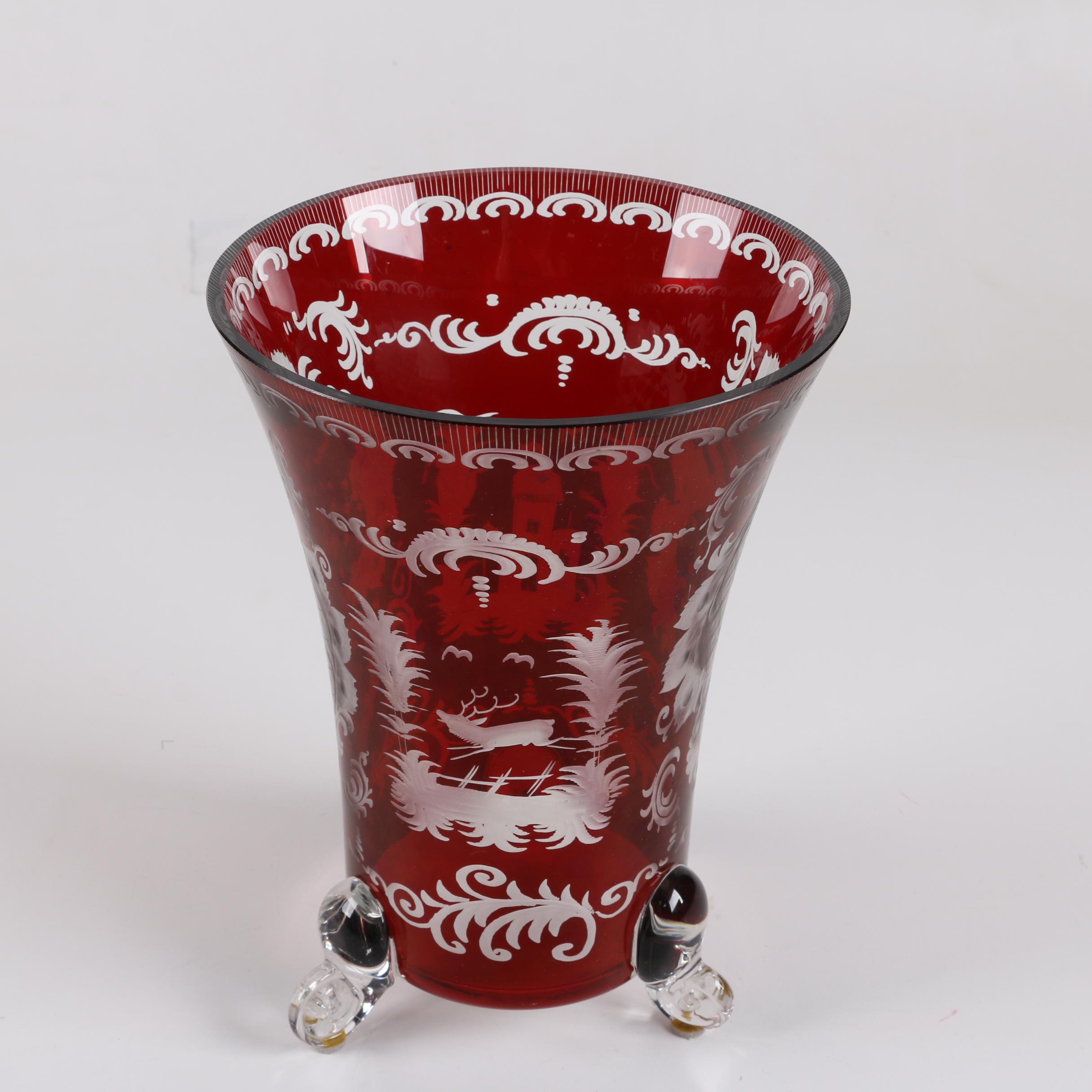 Bohemian Ruby Flashed Etched to Clear Glass Footed Vase