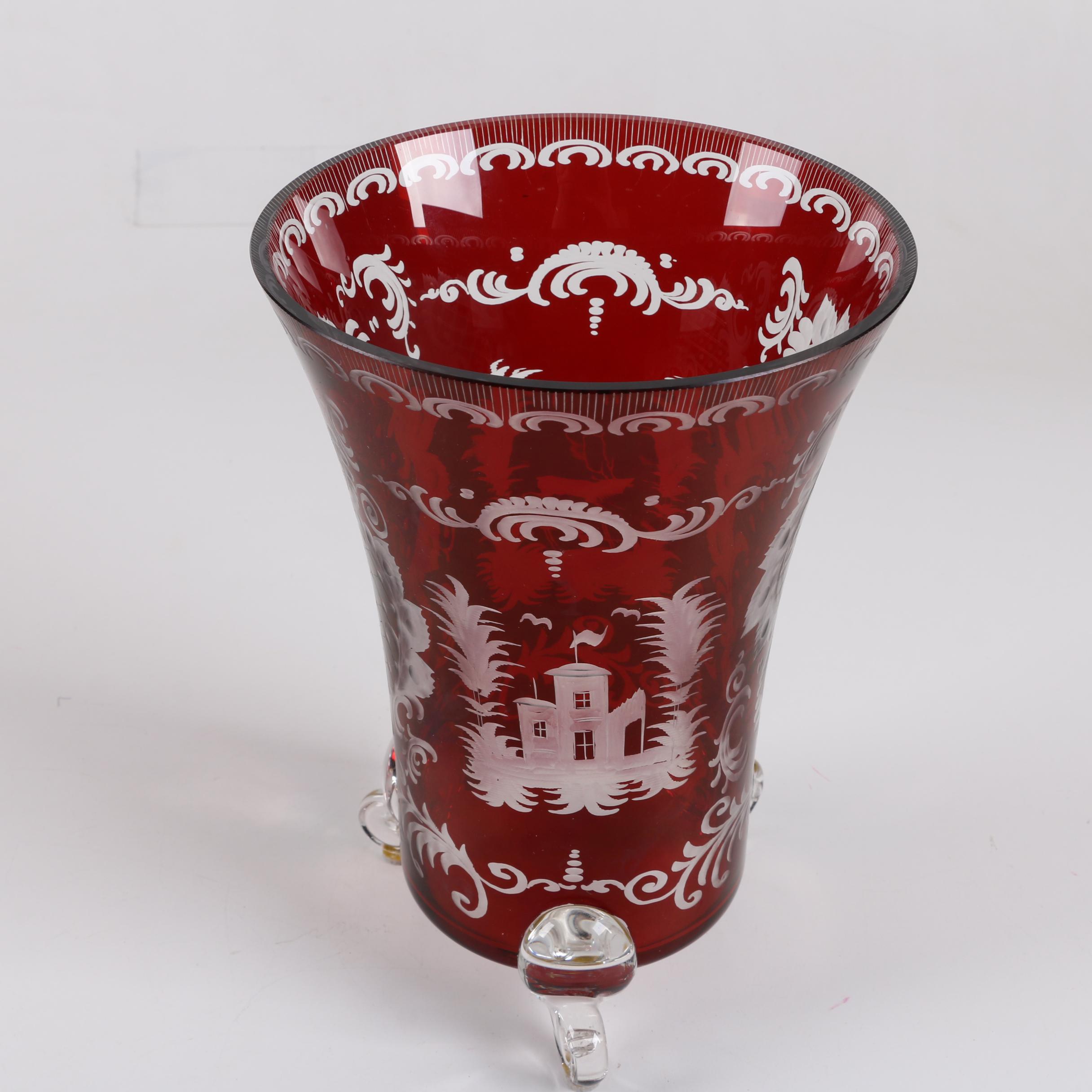 Bohemian Ruby Flashed Etched to Clear Glass Footed Vase