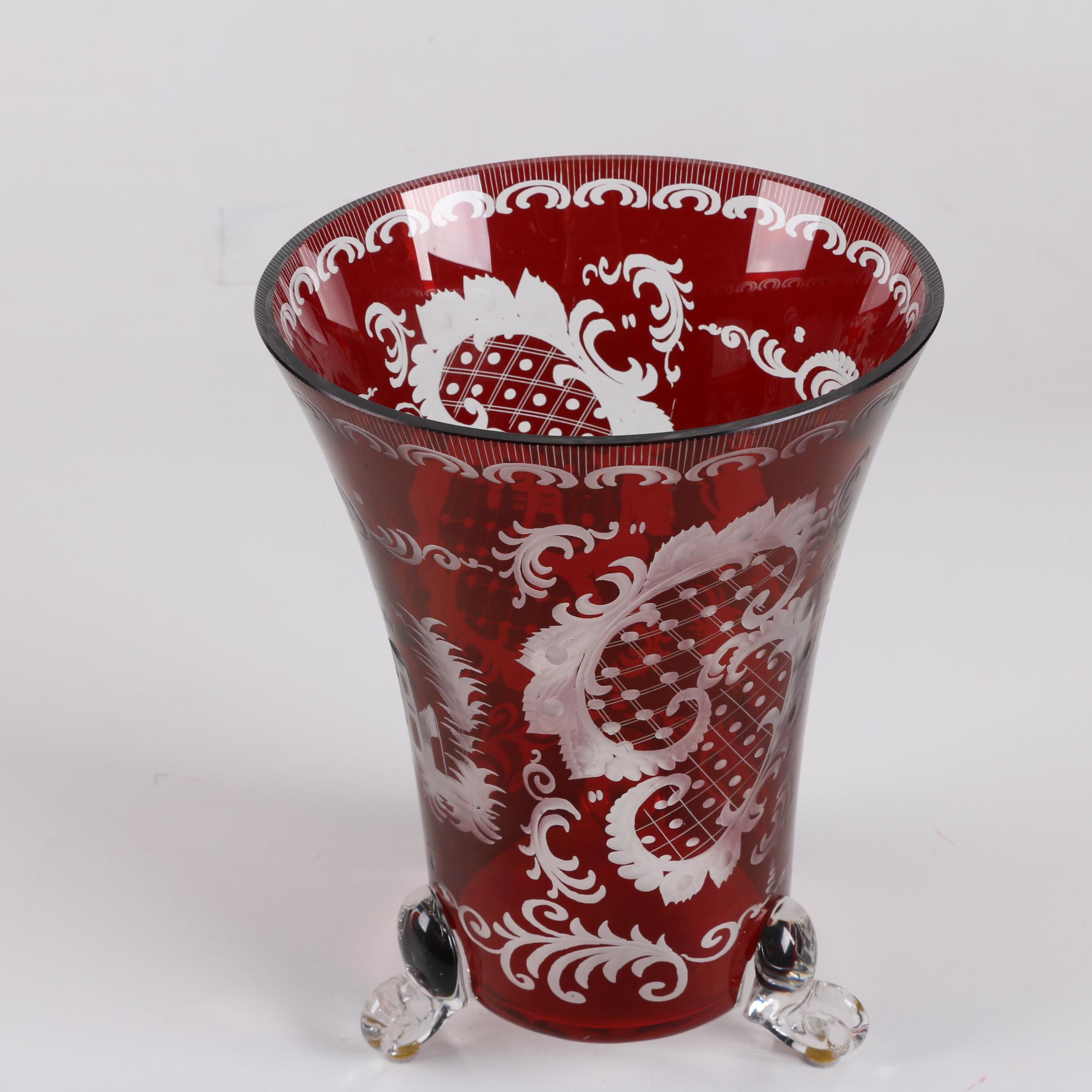 Bohemian Ruby Flashed Etched to Clear Glass Footed Vase