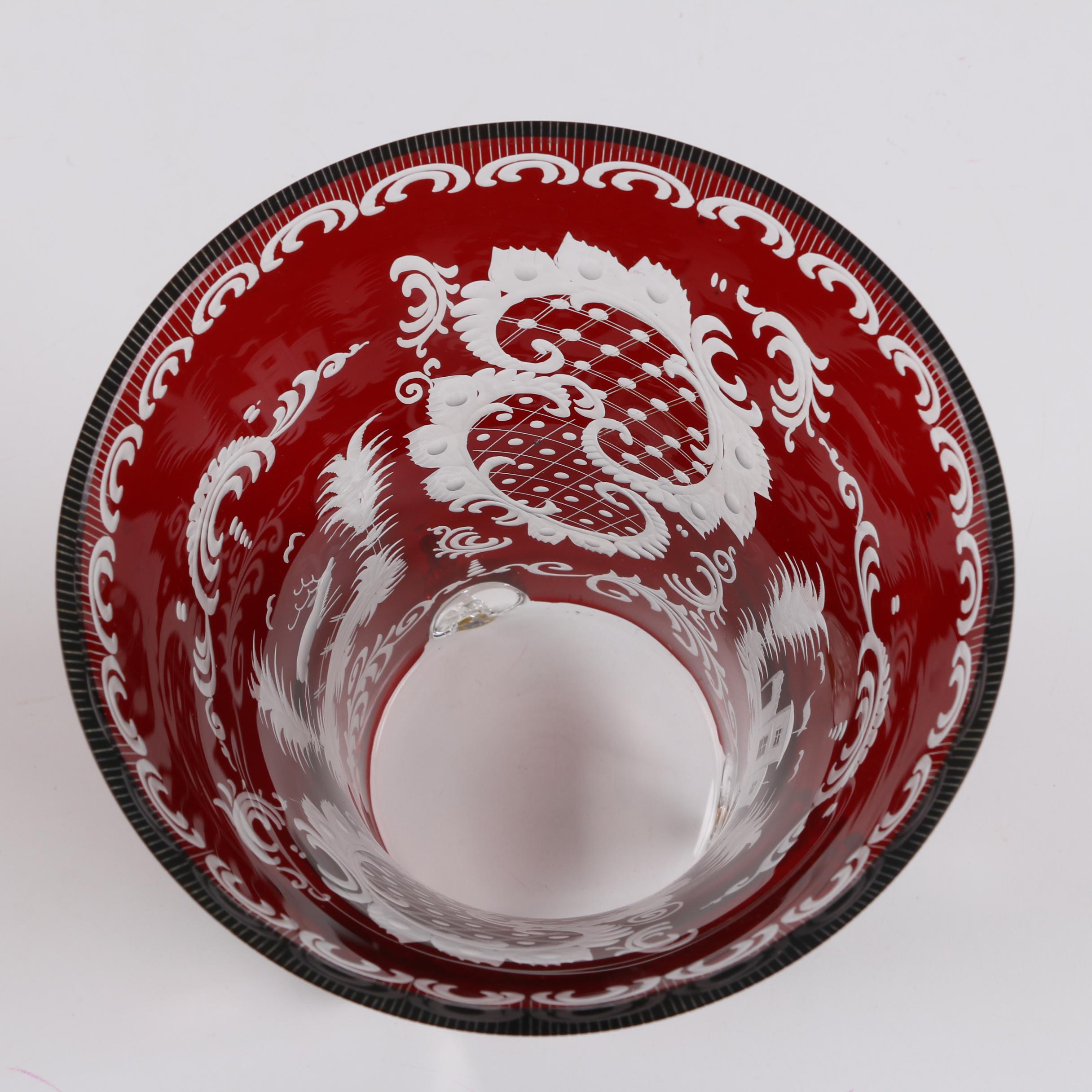 Bohemian Ruby Flashed Etched to Clear Glass Footed Vase