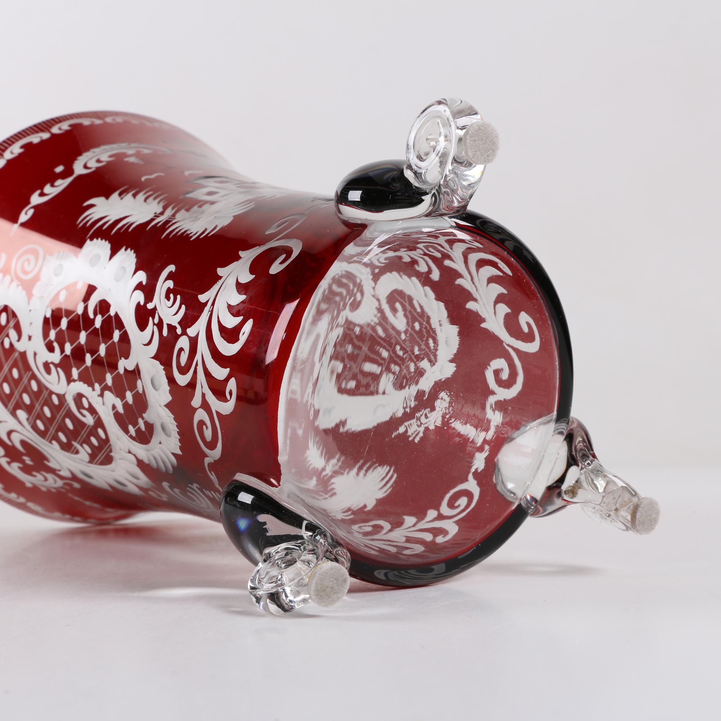 Bohemian Ruby Flashed Etched to Clear Glass Footed Vase
