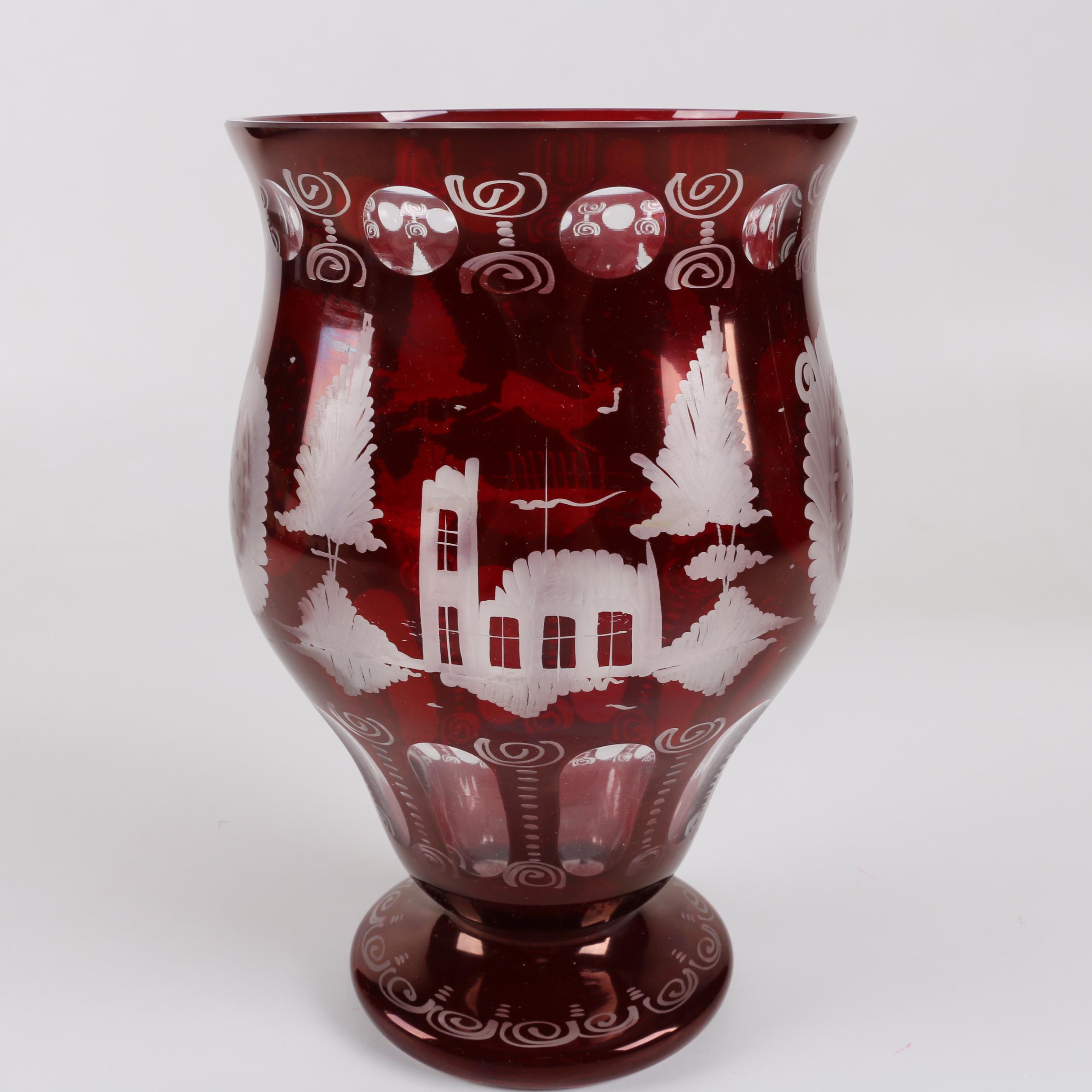 Bohemian Flashed Ruby Cut to Clear Glass Vase