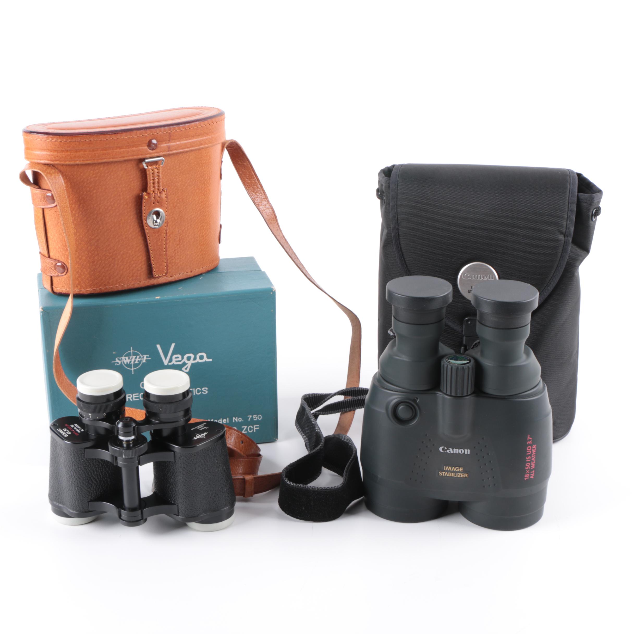 Vintage Swift Vega Oceanic Binoculars and Canon Binoculars with Cases