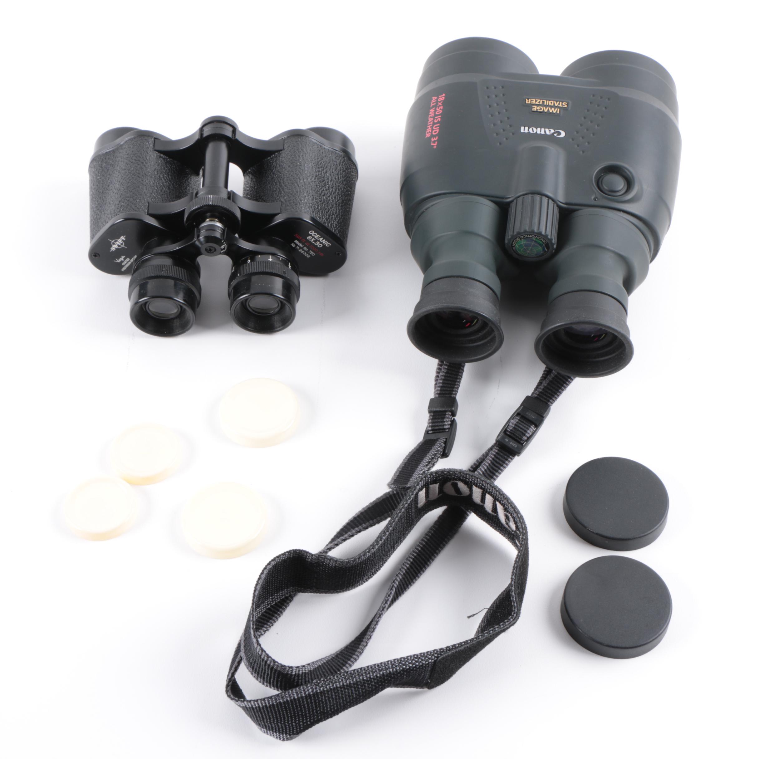 Vintage Swift Vega Oceanic Binoculars and Canon Binoculars with Cases