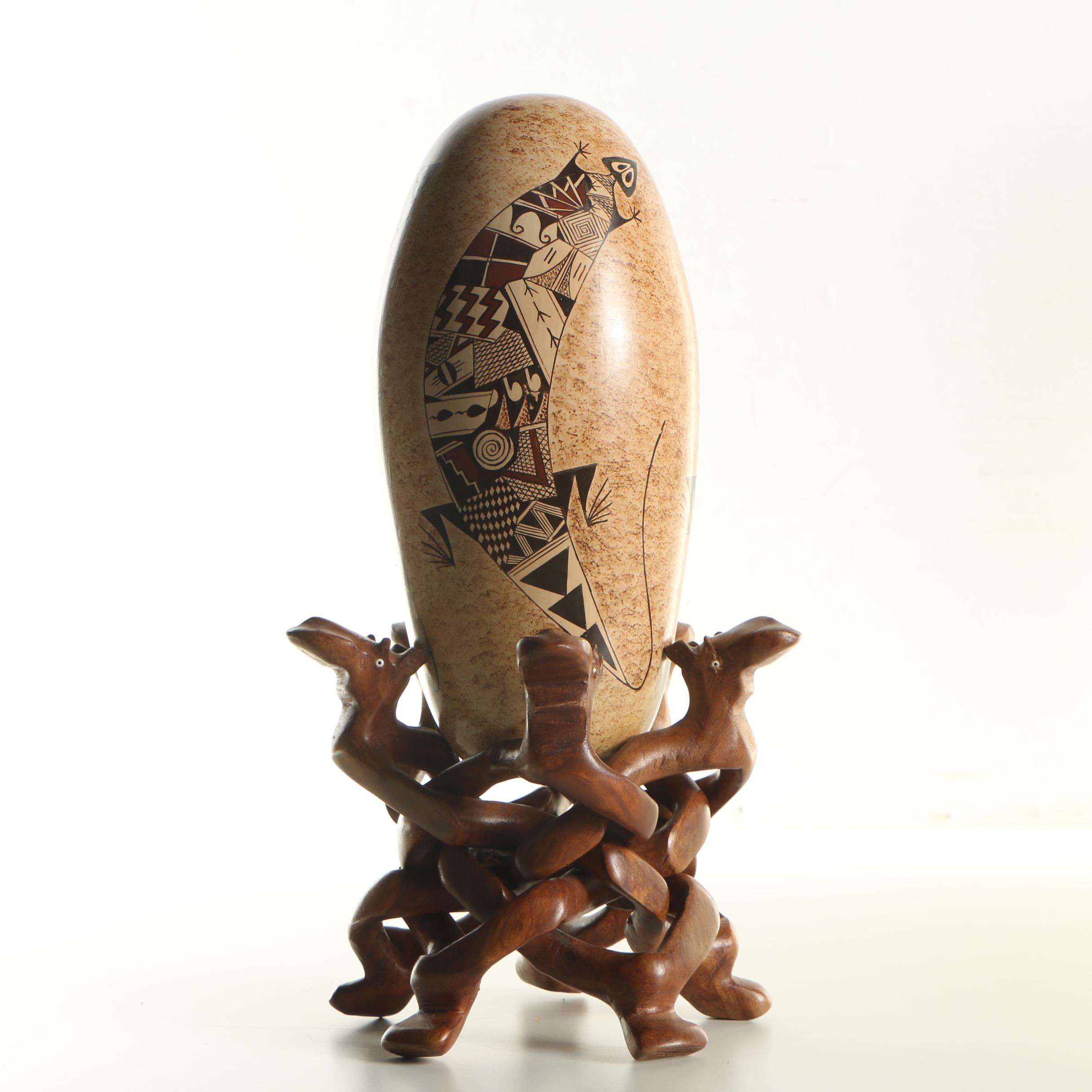 Nona Naha Hopi Hand-Painted Ceramic Seed Pot with Carved Wood Stand