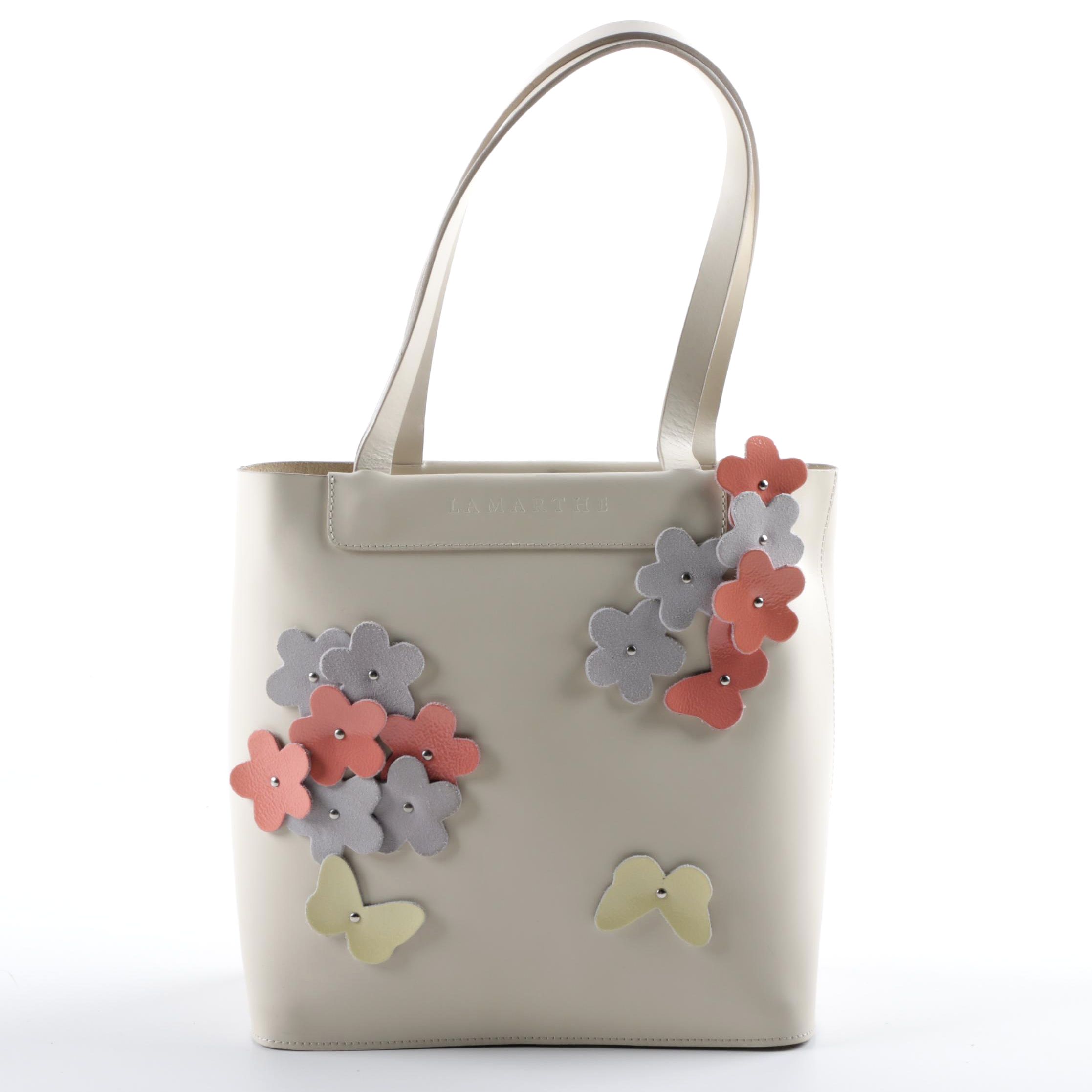 Lamarthe Beige Leather Handbag with Floral Appliques