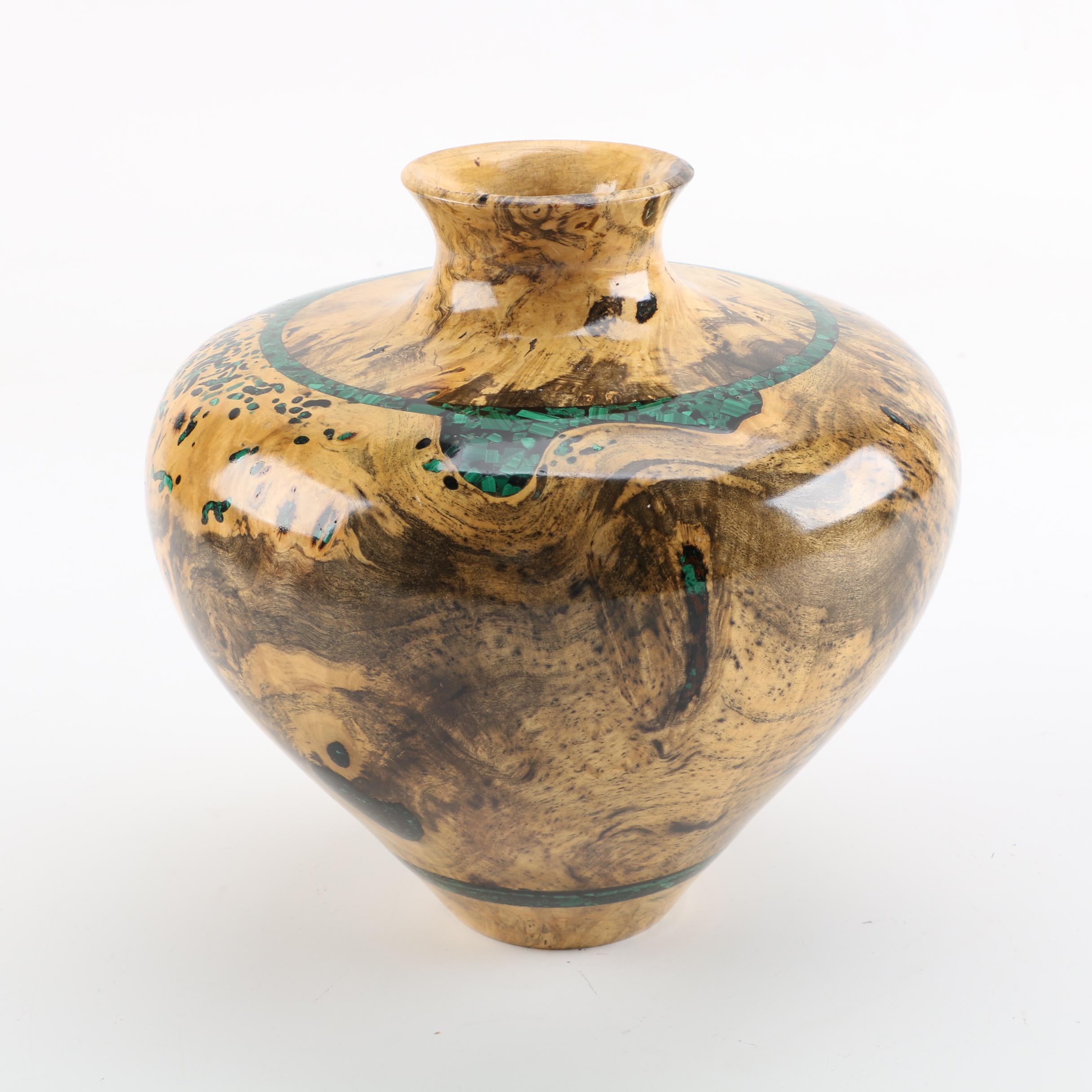 Richard Fitzgerald Handmade Buckeye Vase with Malachite Inlay