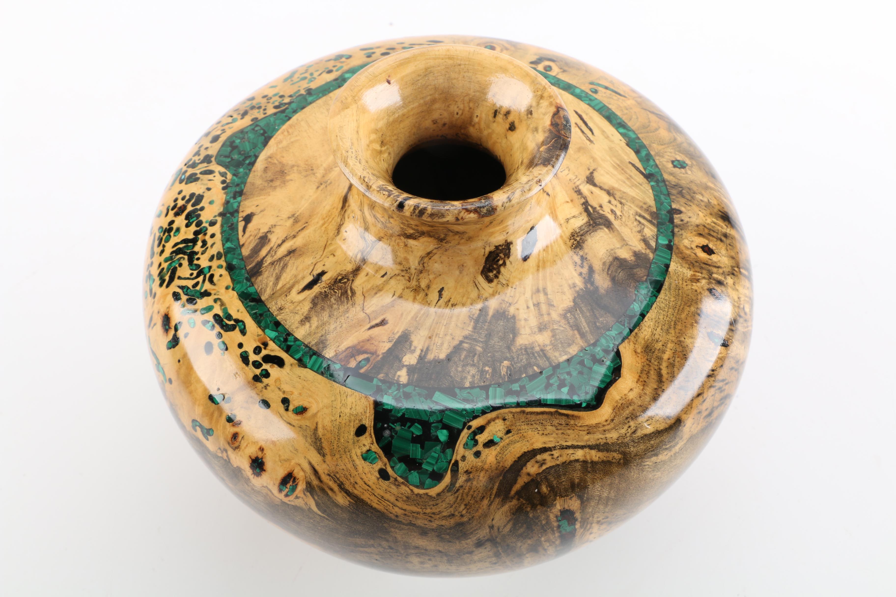 Richard Fitzgerald Handmade Buckeye Vase with Malachite Inlay