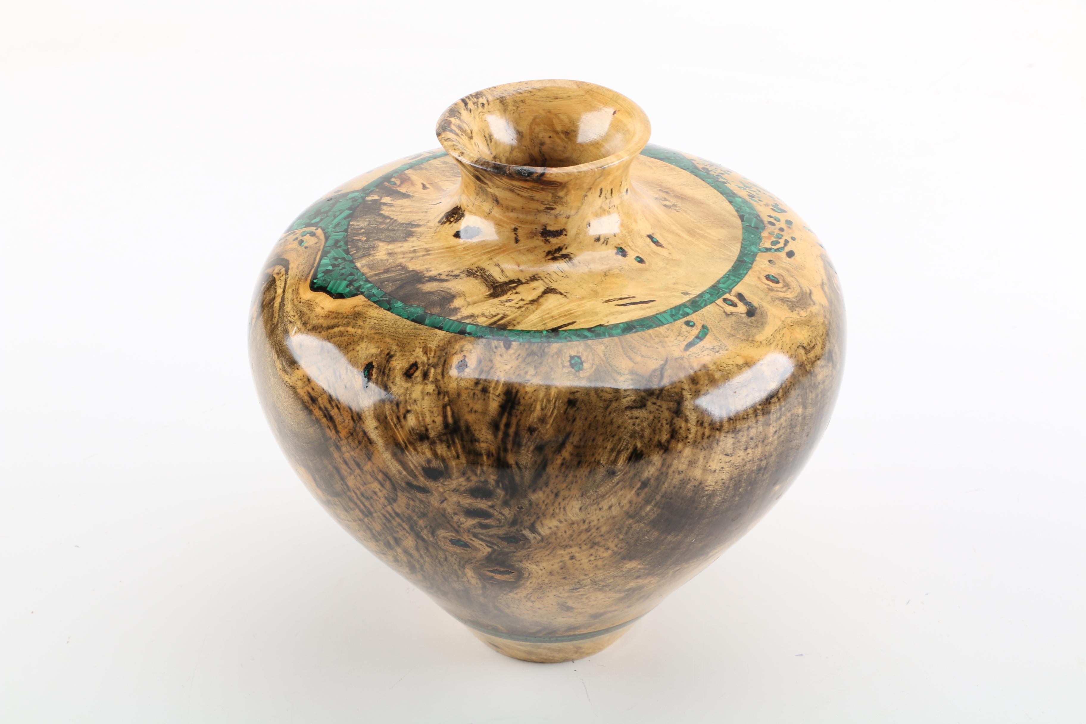 Richard Fitzgerald Handmade Buckeye Vase with Malachite Inlay