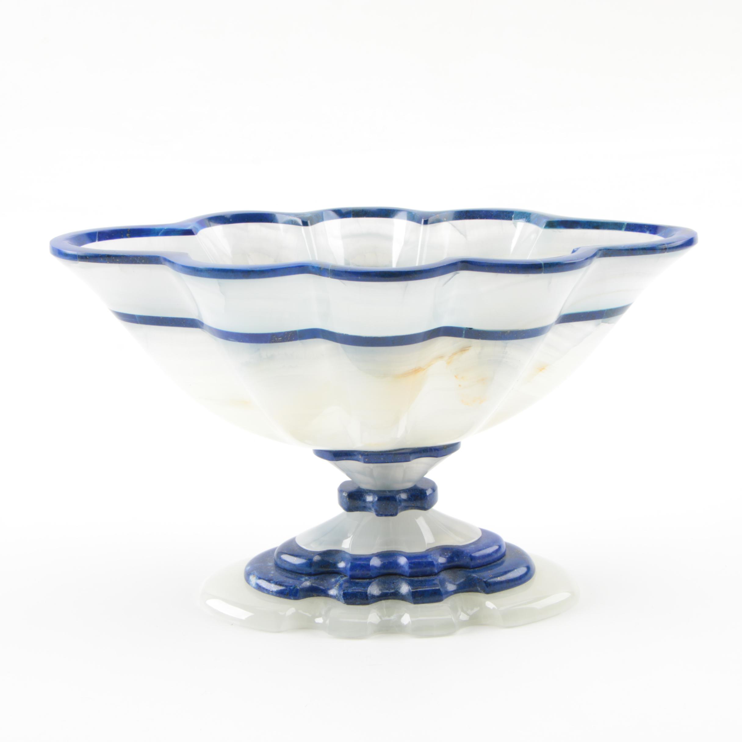 Signed Calcite and Lapis Lazuli Stone Pedestal Bowl