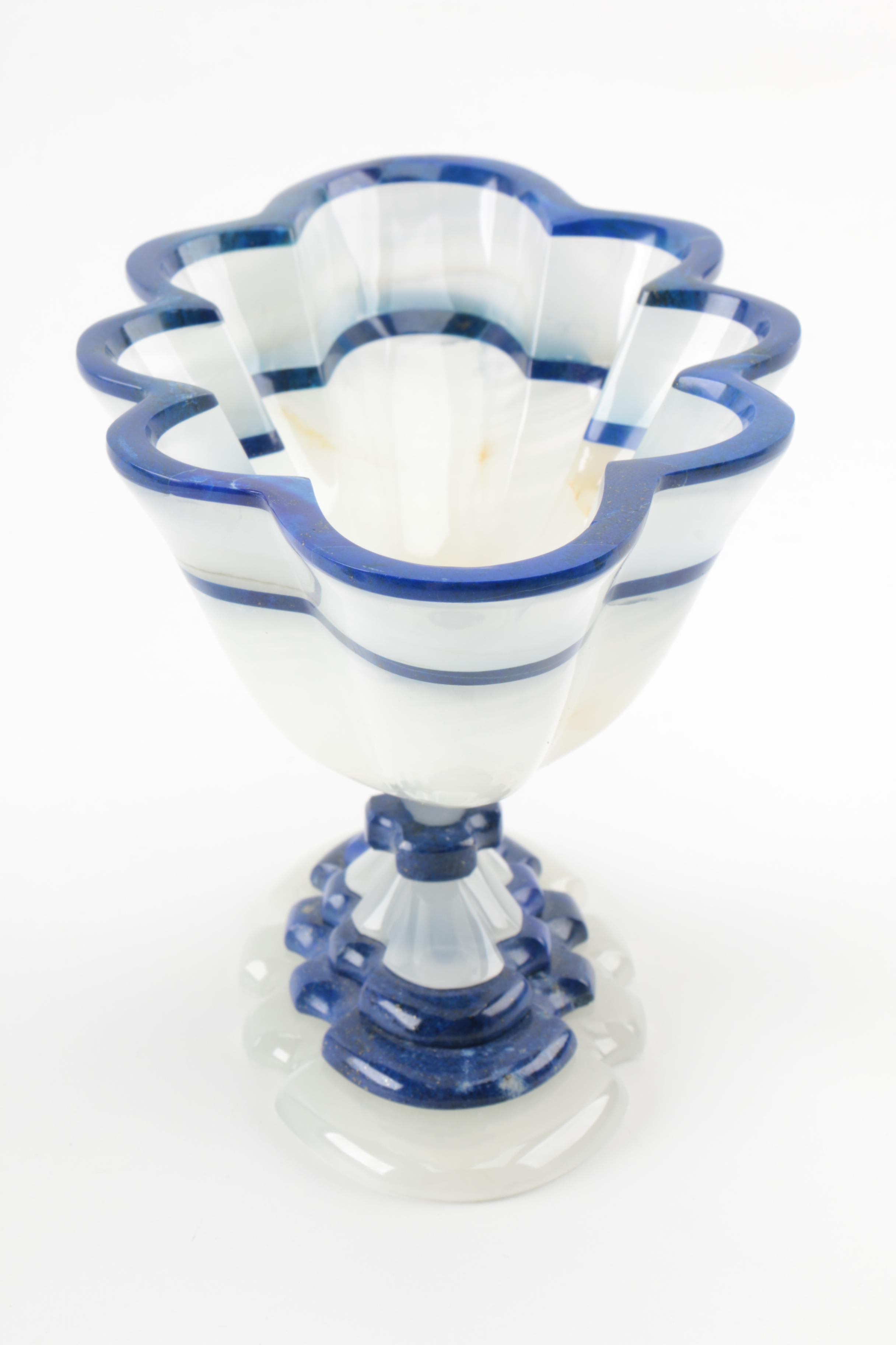 Signed Calcite and Lapis Lazuli Stone Pedestal Bowl