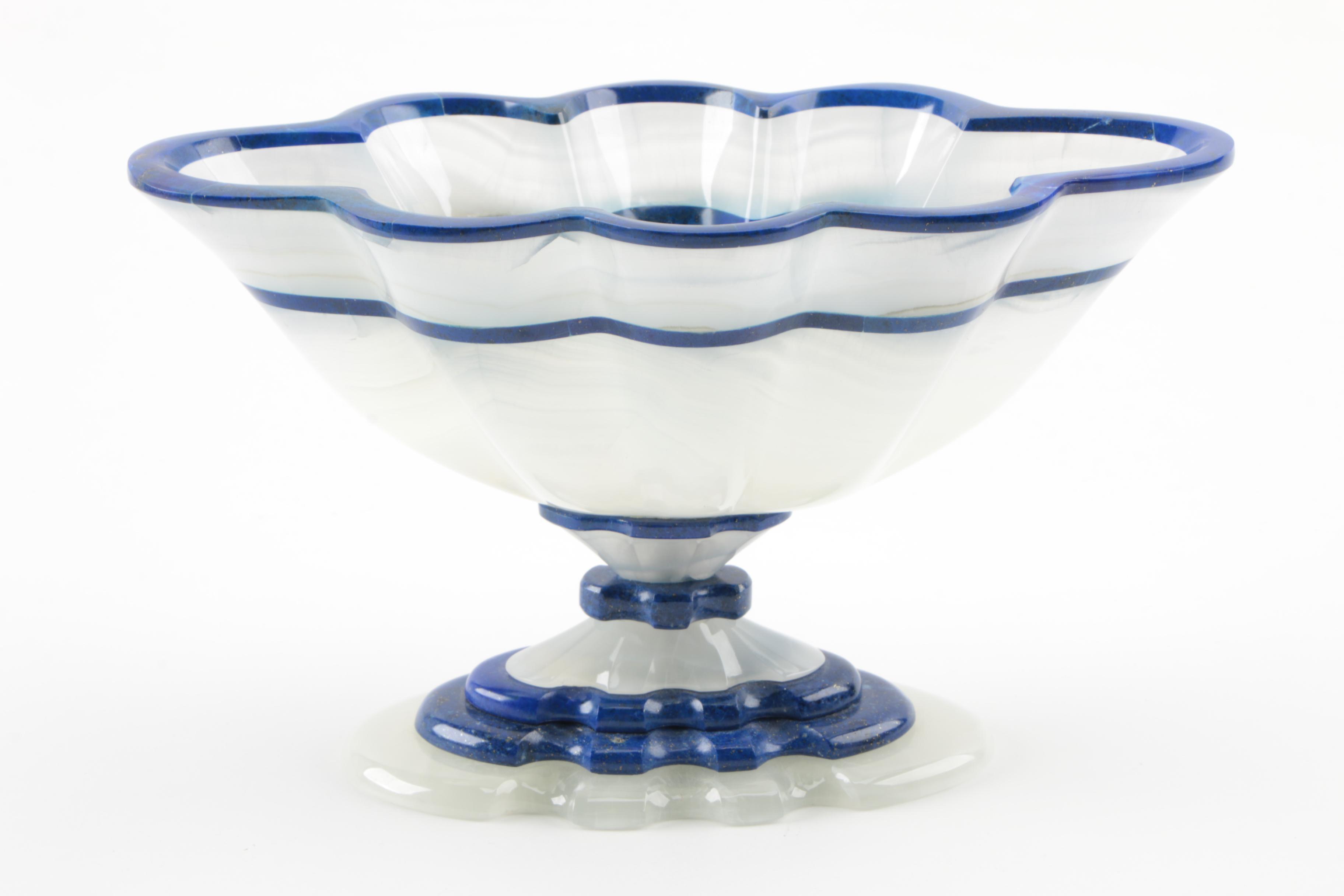 Signed Calcite and Lapis Lazuli Stone Pedestal Bowl