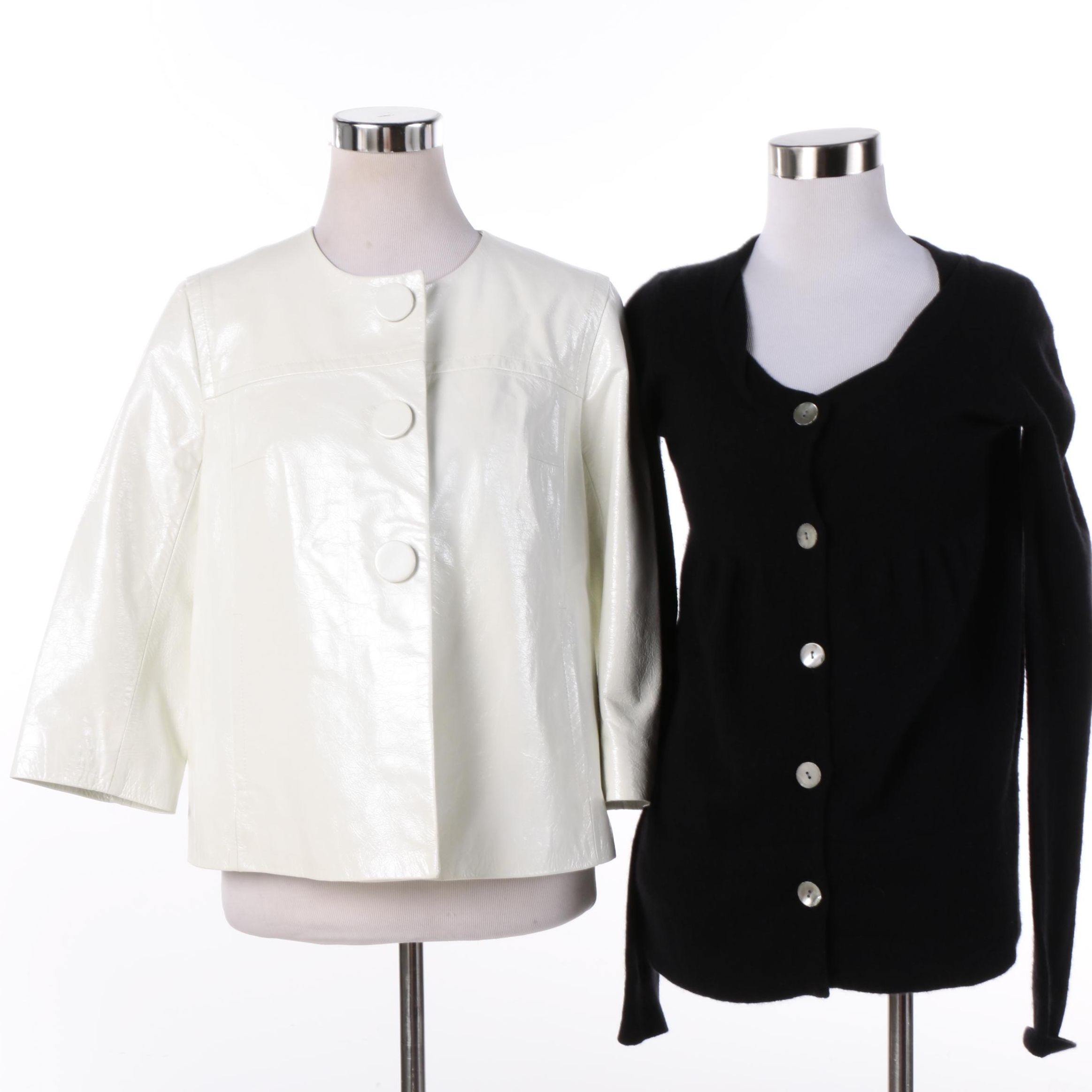 Women's Vince White Leather Jacket and Black Cashmere Sweater