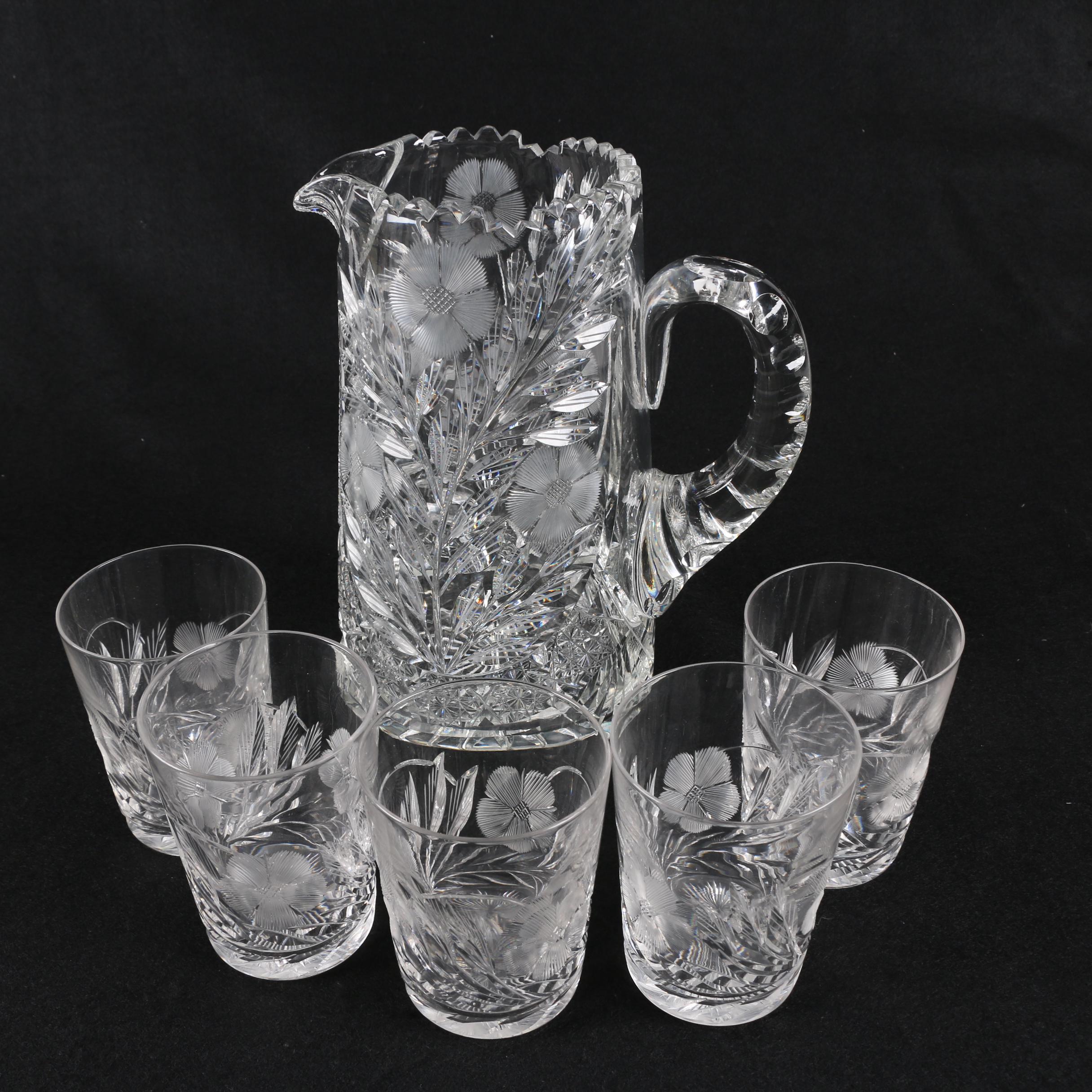 American Brilliant Period Cut Glass Floral Pitcher with Tumblers